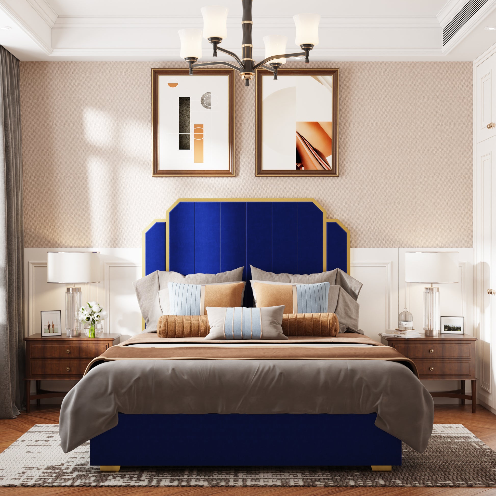 Queen Size Bed Frame And 59.06" Headboard, Upholstered Bed With Golden Plating Trim, Modern Platform Bed No Box Spring Needed, Navy Blue Queen Bed Box Spring Not Required Queen Gold Blue Metal Bedroom Modern Bed Frame Velvet Mdf Metal