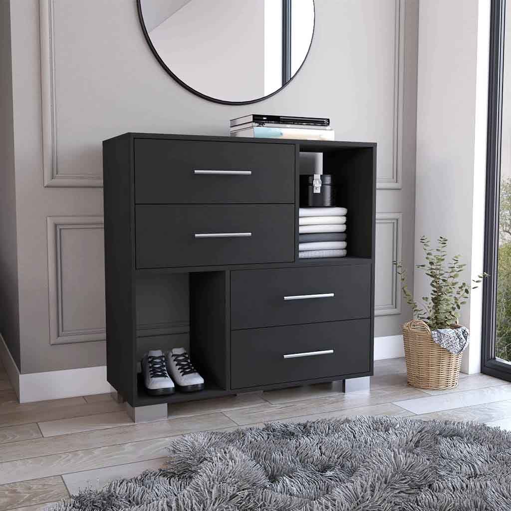 Krista Dresser, Two Open Shelves, Four Drawers Black Black Bedroom Modern Particle Board Particle Board