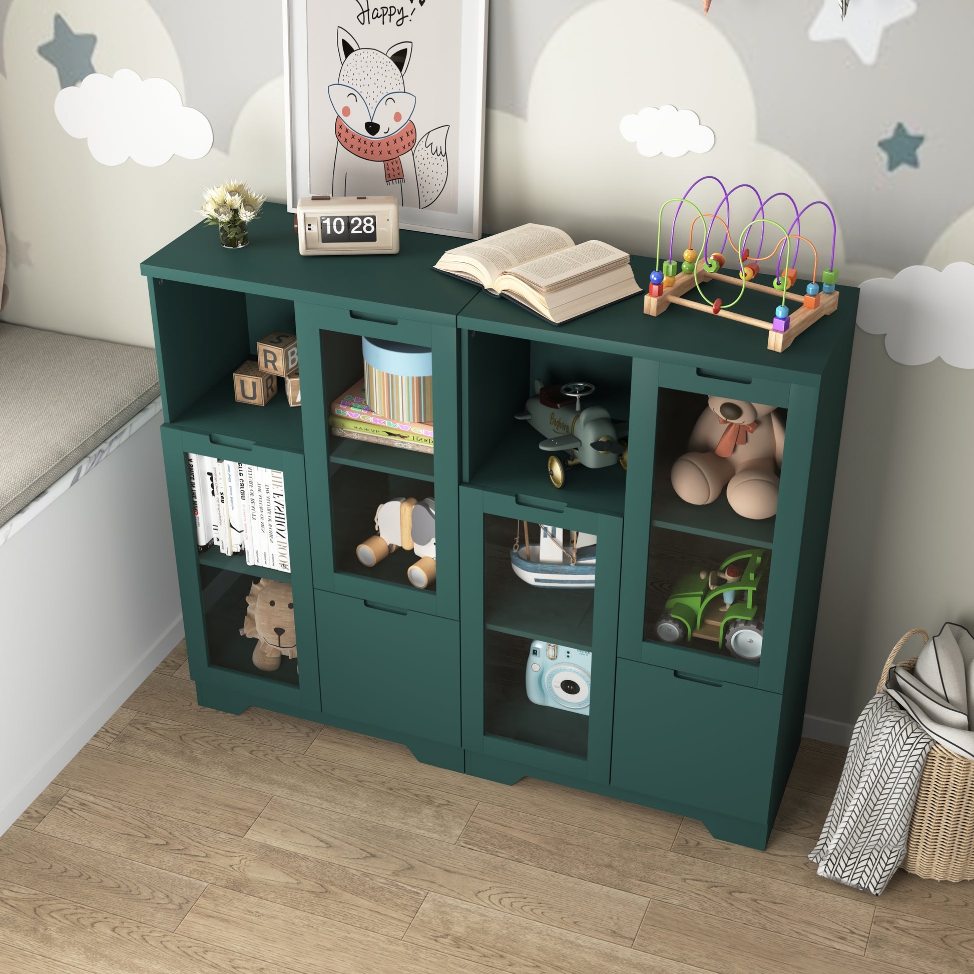 Wooden Floor Cabinet With 2 Glass Doors And 2 Storage Space,Blue Living Room Bathroom Entryway Green Green Mdf