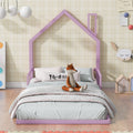 Twin Size Metal Floor Bed With House Shaped Headboard, Pink Box Spring Not Required Twin Pink Metal Bedroom Bed Frame Metal