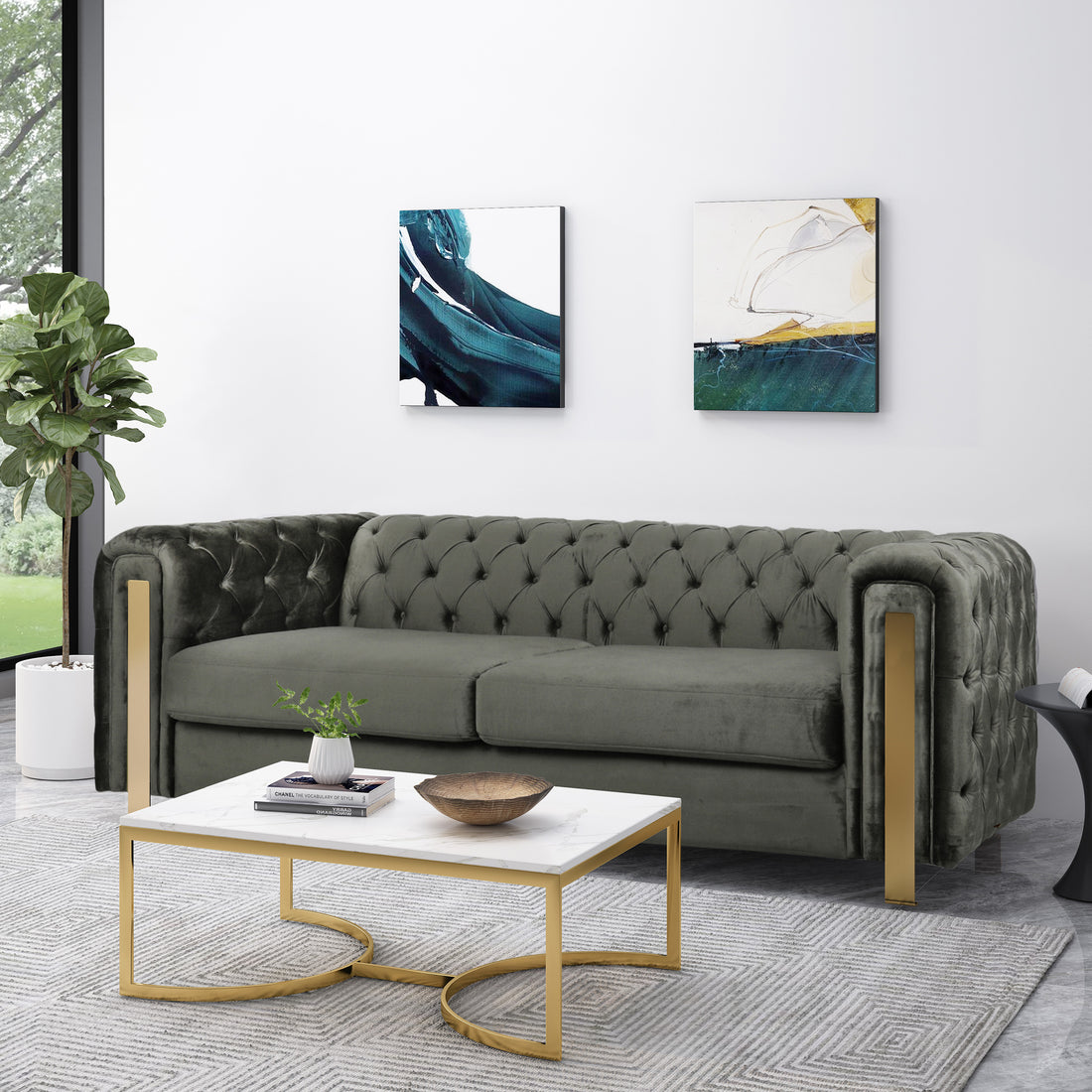 Mirod Comfy 3 Seat Sofa With Tufted Back And Arm, Modern For Living Room Grey Velvet 3 Seat