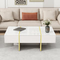 47.2'' X 31.4''Minimalist High Gloss Coffee Table With 2 Drawers, Multi Storage Rectangle Sofa Table With Golden Wood Grain Legs, Modern Center Table For Living Room, White White Particle Board Mdf
