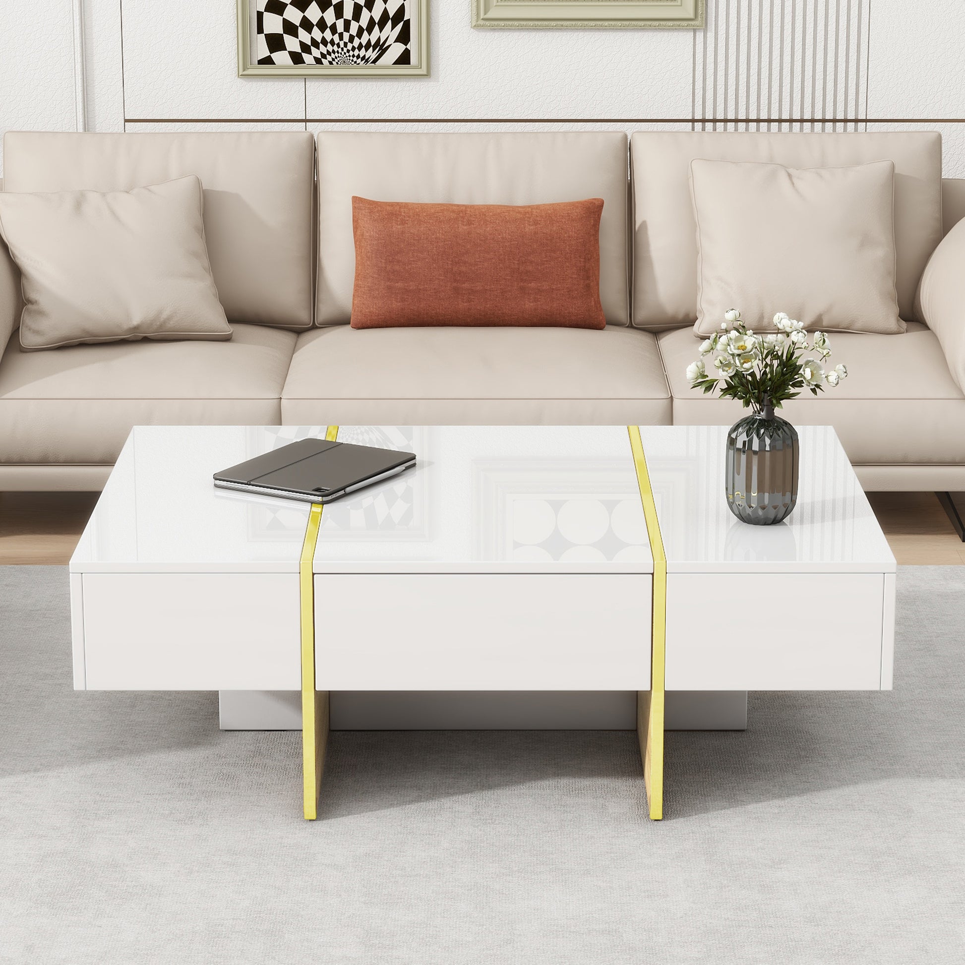 47.2'' X 31.4''Minimalist High Gloss Coffee Table With 2 Drawers, Multi Storage Rectangle Sofa Table With Golden Wood Grain Legs, Modern Center Table For Living Room, White White Particle Board Mdf
