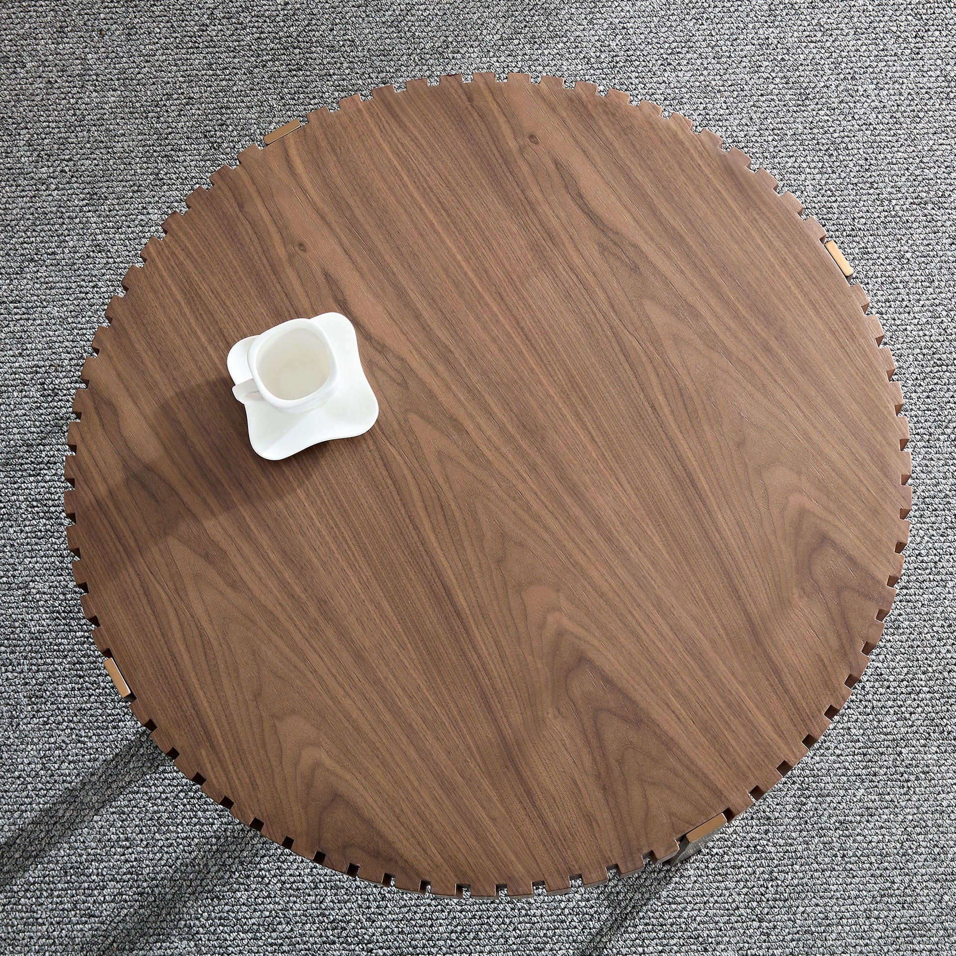 Modern Handcraft Drum Coffee Table 31.5 Inch Round Coffee Table For Living Room,Small Coffee Table With Sturdy Pedestal,Walnut Walnut Mdf Metal