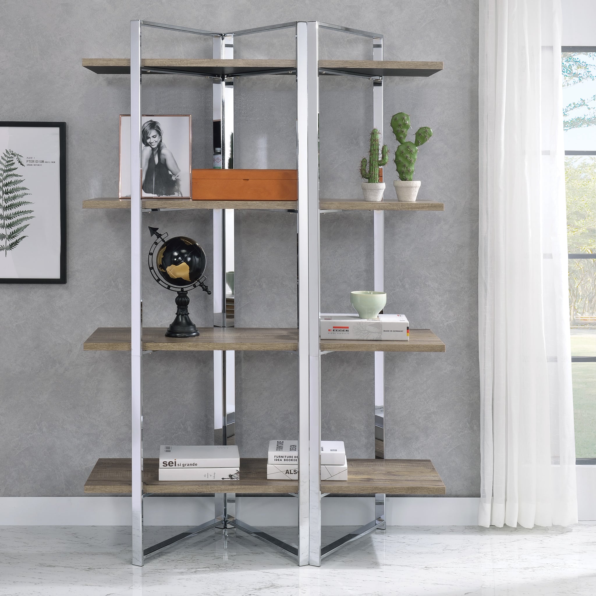 Natural And Chrome 4 Shelf Bookshelf 4 Natural Etagere Horizontal Primary Living Space Open Back Wood Adjustable Shelves Wood Metal