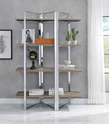 Natural And Chrome 4 Shelf Bookshelf 4 Natural Etagere Horizontal Primary Living Space Open Back Wood Adjustable Shelves Wood Metal