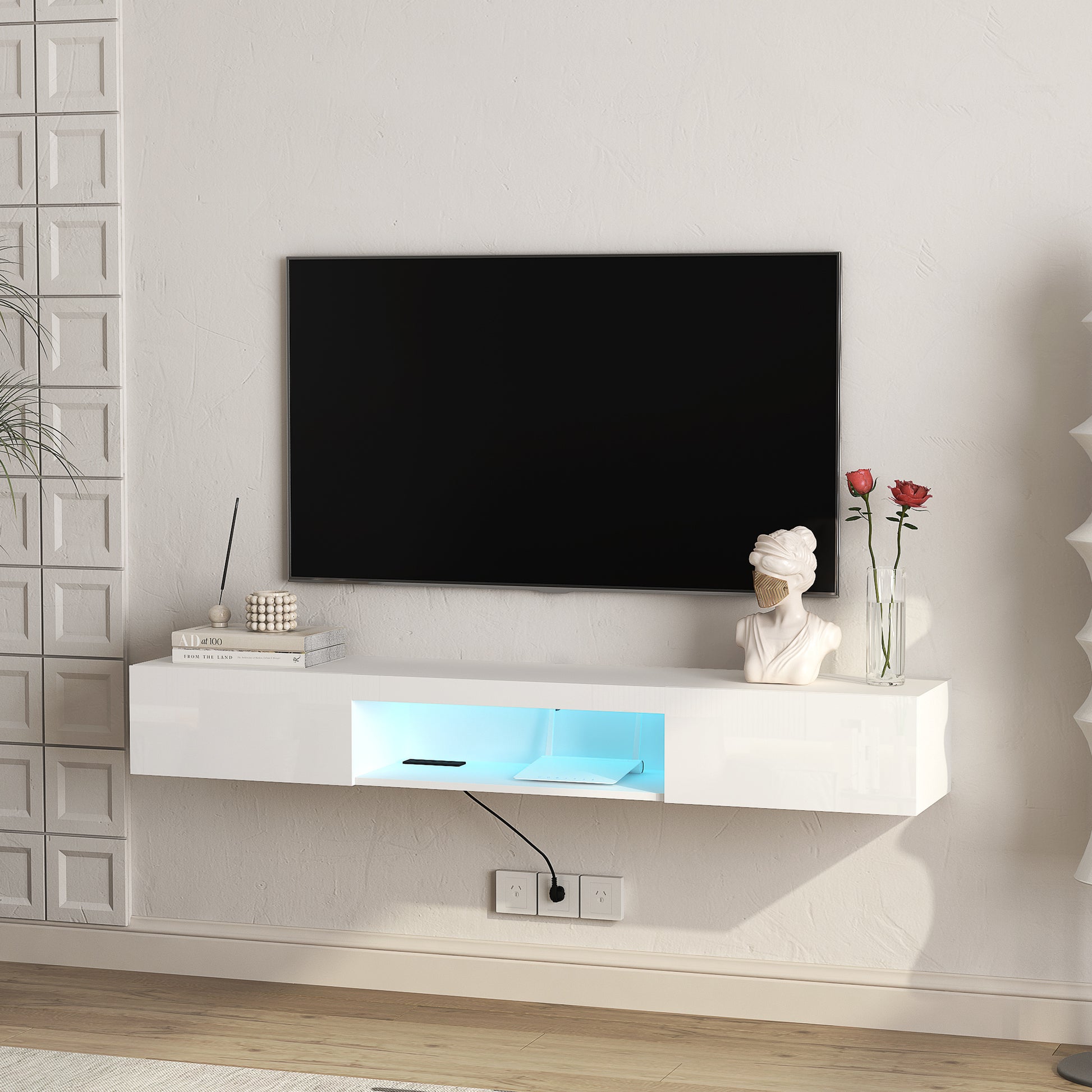 Floating Tv Stand Wall Mounted With 20 Color Leds,63" Modern Tv Stand,Floating Tv Cabinet Entertainment Center For 55 60 65 Inch Tv,White White 60 69 Inches Mdf