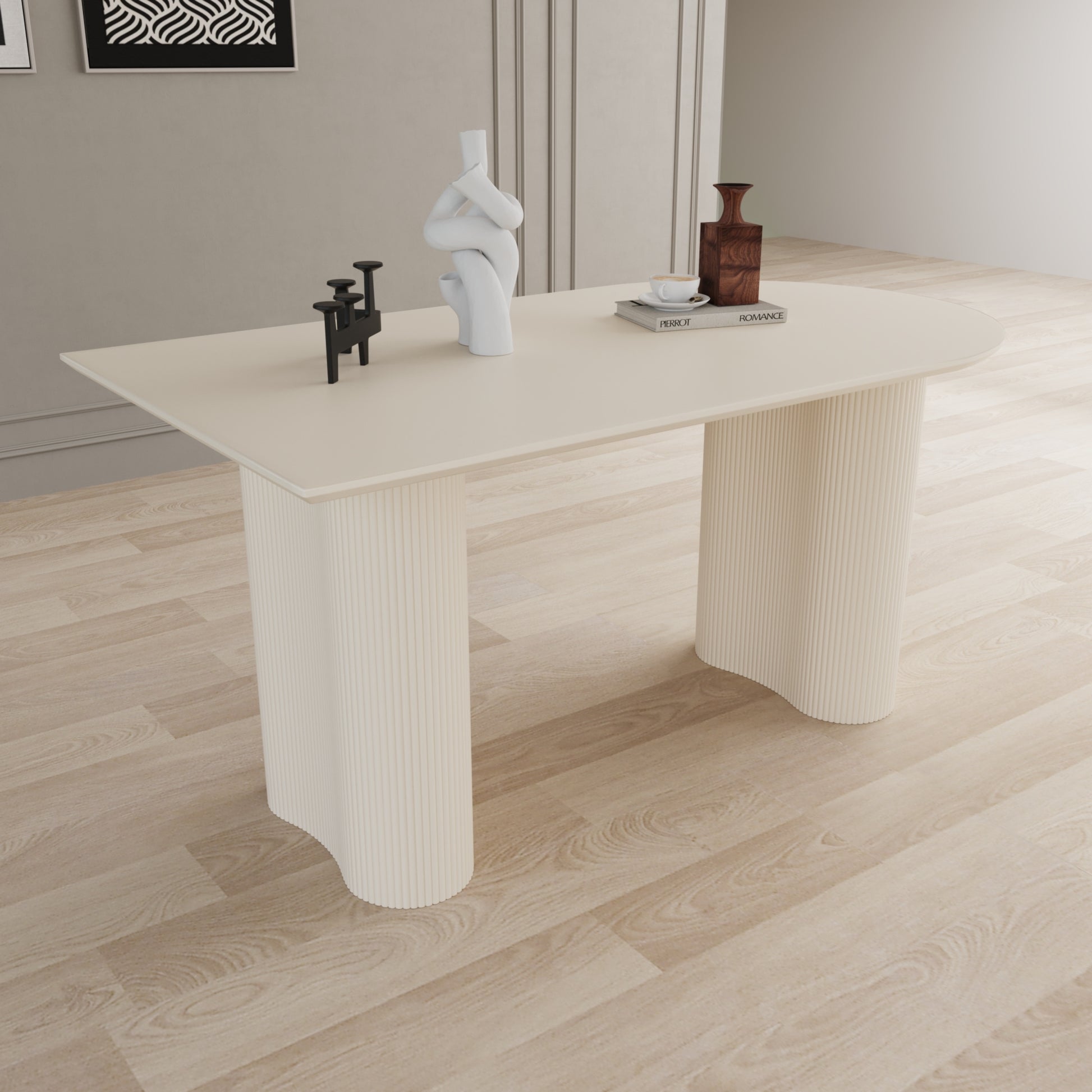 63 "Modern Fashion Mdf Cream Style Coffee Table And Irregular Side Table, 4 8 Person Dining Table, Thick Engineering Wood Round Wave Table Legs, Home Kitchen Thick Elegant Cream White Table Top Cream White Mdf