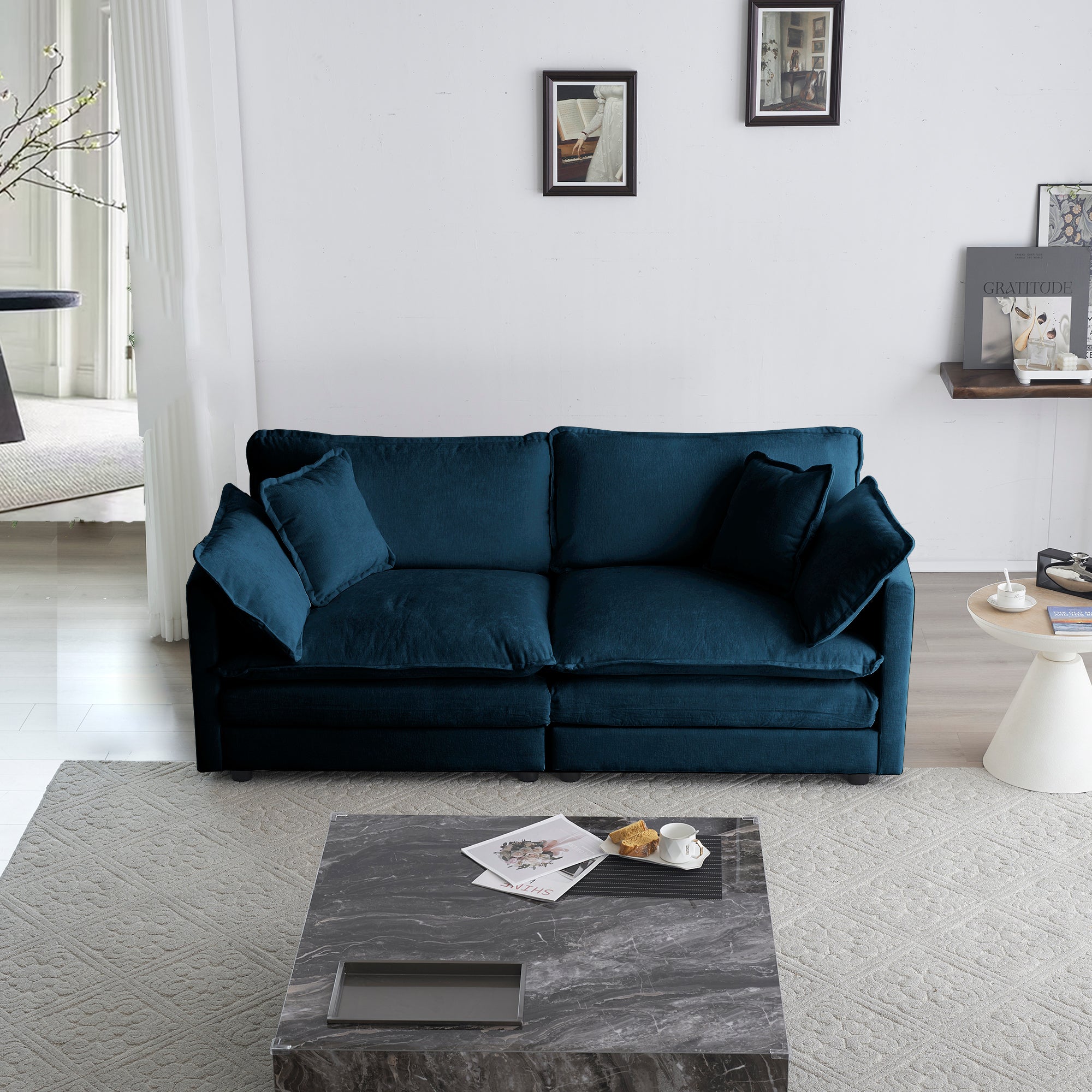 Modern Fabric Loveseat Sofa Couch For Living Room, Upholstered Large Size Deep Seat 2 Seat Sofa With 4 Pillows ,Blue Chenille Blue Chenille 2 Seat