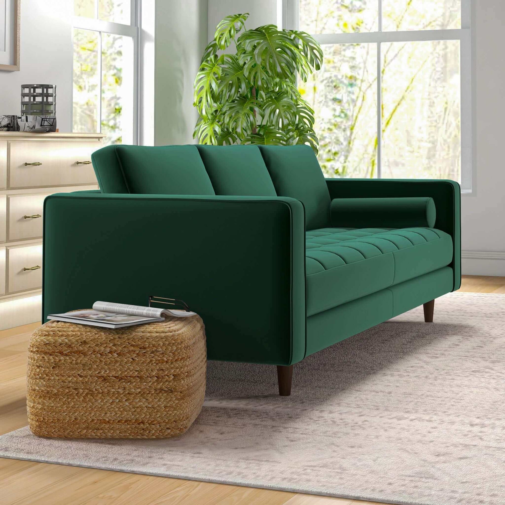 Catherine Sofa Dark Green,Wood Brown Linen Wood Primary Living Space Pillow Back Linen,Solid Wood 3 Seat