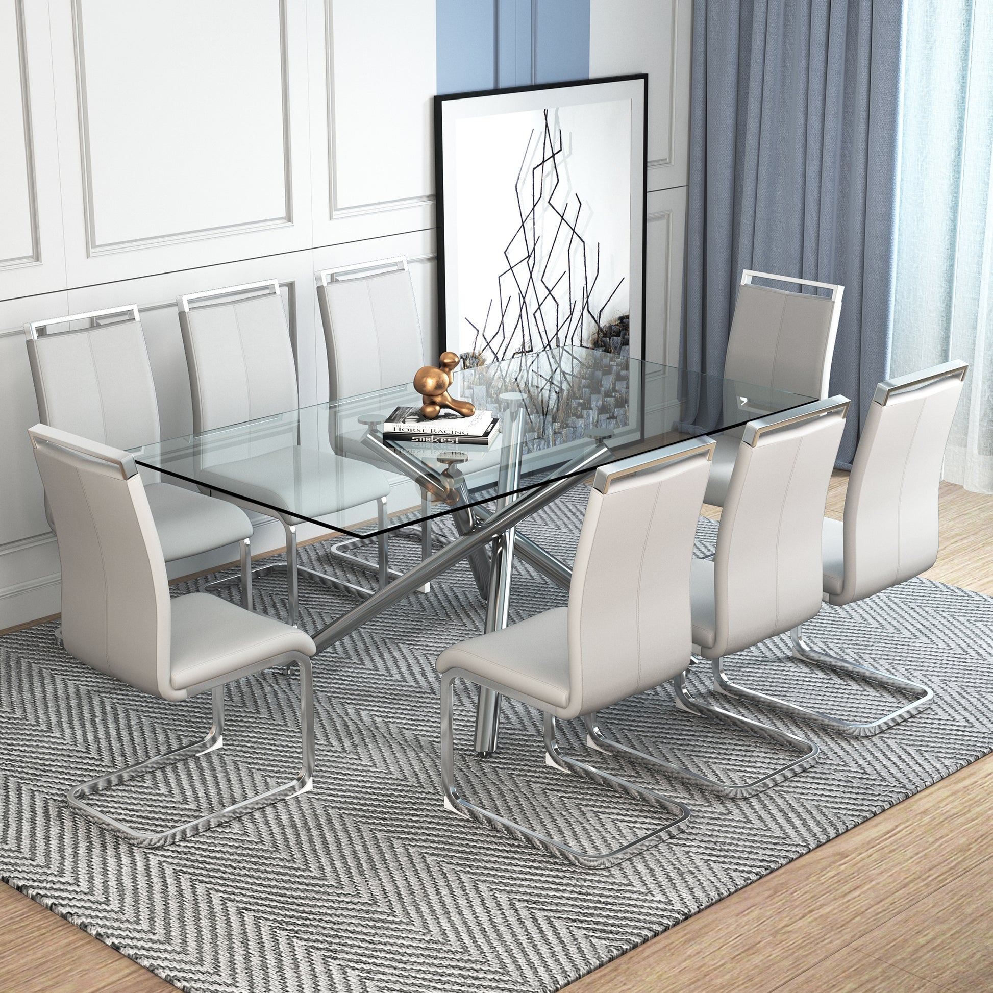 Table And Chair Set.Modern Luxurious Transparent Tempered Glass Dining Table Set.Paried With 8 Light Gray Chairs With Pu Cushion And Silver C Tube Metal Legs. Light Gray,Transparent Seats 8 Glass