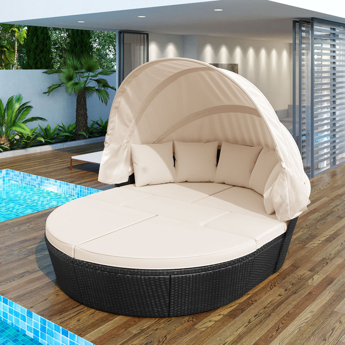 Outdoor Rattan Daybed Sunbed With Retractable Canopy Wicker Furniture, Round Outdoor Sectional Sofa Set, Black Wicker Furniture Clamshell Seating With Washable Cushions, Backyard, Porch, Beige Yes Beige Seats 8 Garden & Outdoor Foam Wicker