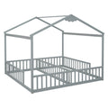 Double Twin House Style Floor Bed With Fence, Guardrails, Without Door, Grey Twin Grey American Design Pine