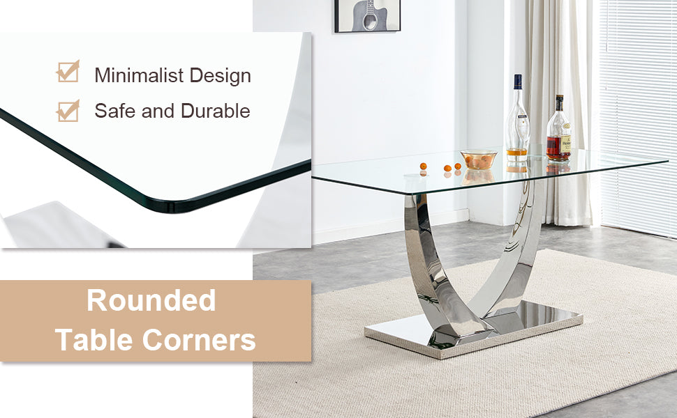 Table And Chair Set.Modern Dining Table,Tempered Glass Tabletop And Silver Colored Leg.Paired With 6 Soft And Comfortable Light Gray Pu Chair, Perfect For Dinner, Meetings, Home And Office Decor.