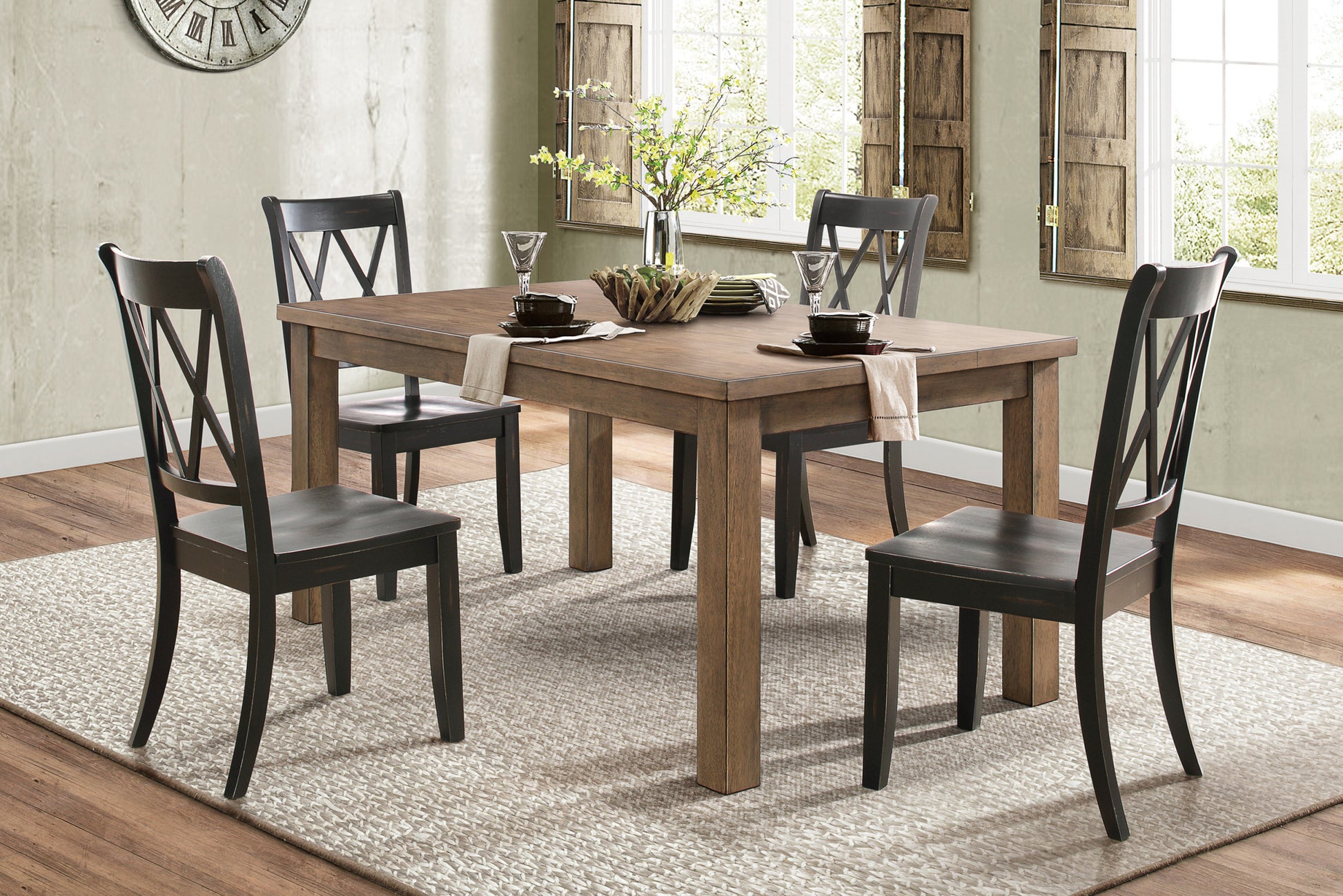 5Pc Dining Set Natural Finish Table And 4X Side Chairs Black Finish Wooden Kitchen Dining Room Furniture Wood Wood Black Brown Seats 4 Wood Dining Room 4 Leg Rectangular Dining Table With Chair Wood