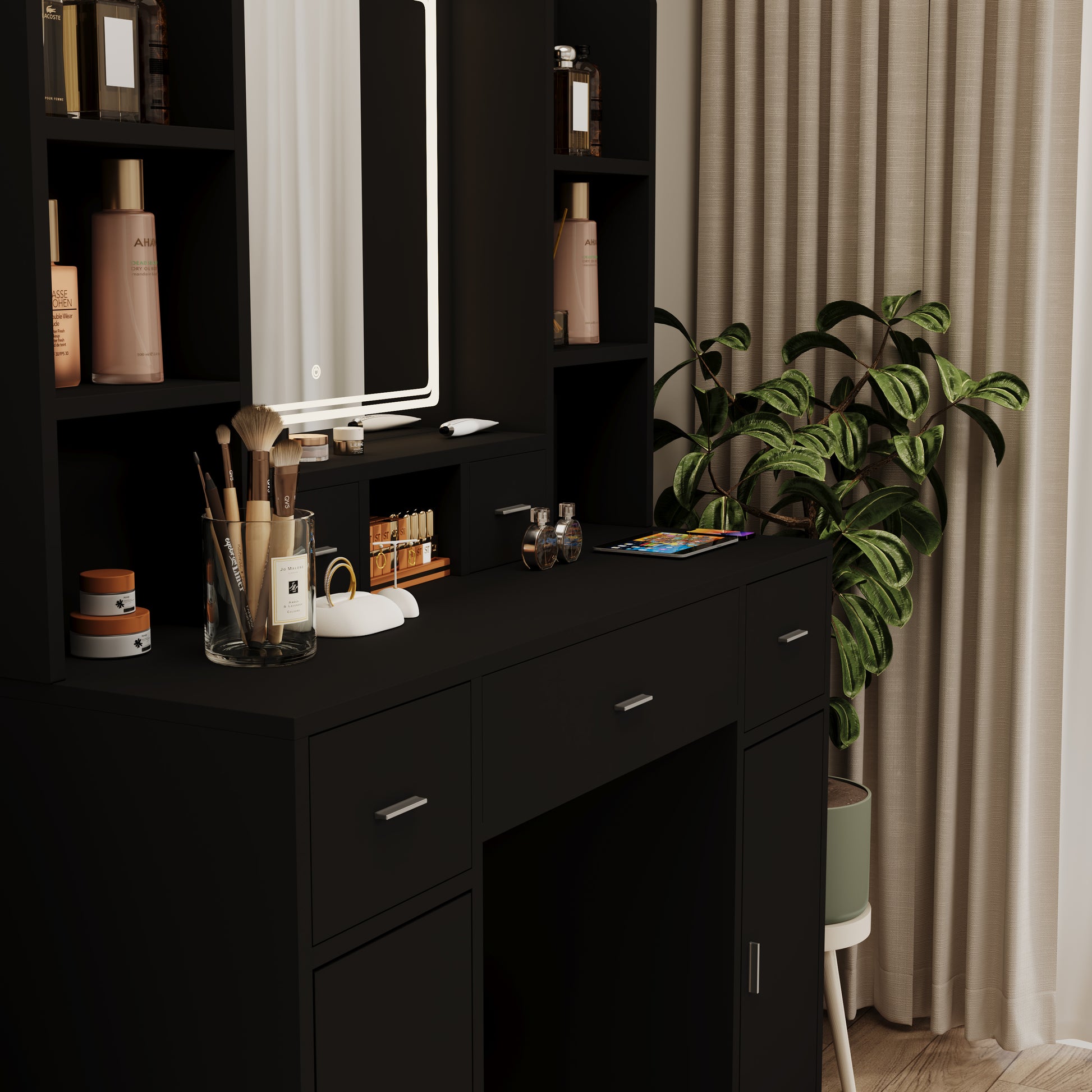 The Black Dressing Table With Led Mirror Is Equipped With A Hair Dryer Rack, And The Dressing Tables In The Bedroom And Dressing Room Are Equipped With Dressing Stools Black 5 Drawers & Above