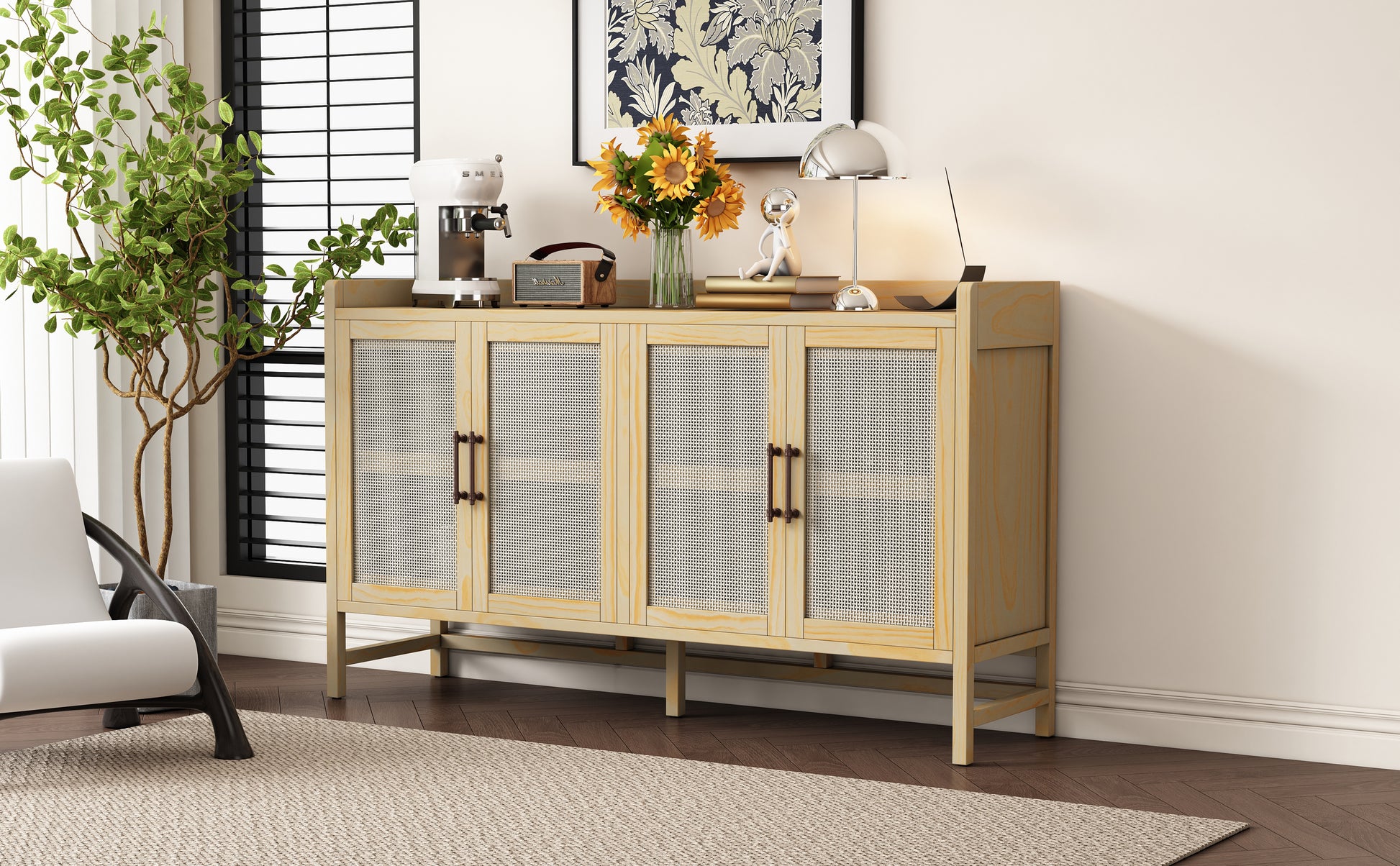 Sideboard Rustic Buffet Cabinet, Sideboard Cabinet With Decorative Rattan Doors, Buffet Cabinet With Storage For Entryway Dining Room Kitchen Living Room, Natural Natural Mdf