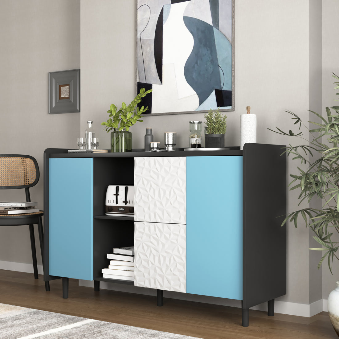 Sideboard Buffet Cabinet, Black Storage Cabinet With Blue Doors2 Drawers With Unique Panel Styling And 2 Open Storage Compartment, Modern Coffee Bar Cabinet Accent Cabinet For Kitchen, Dining Room Black Blue Mdf