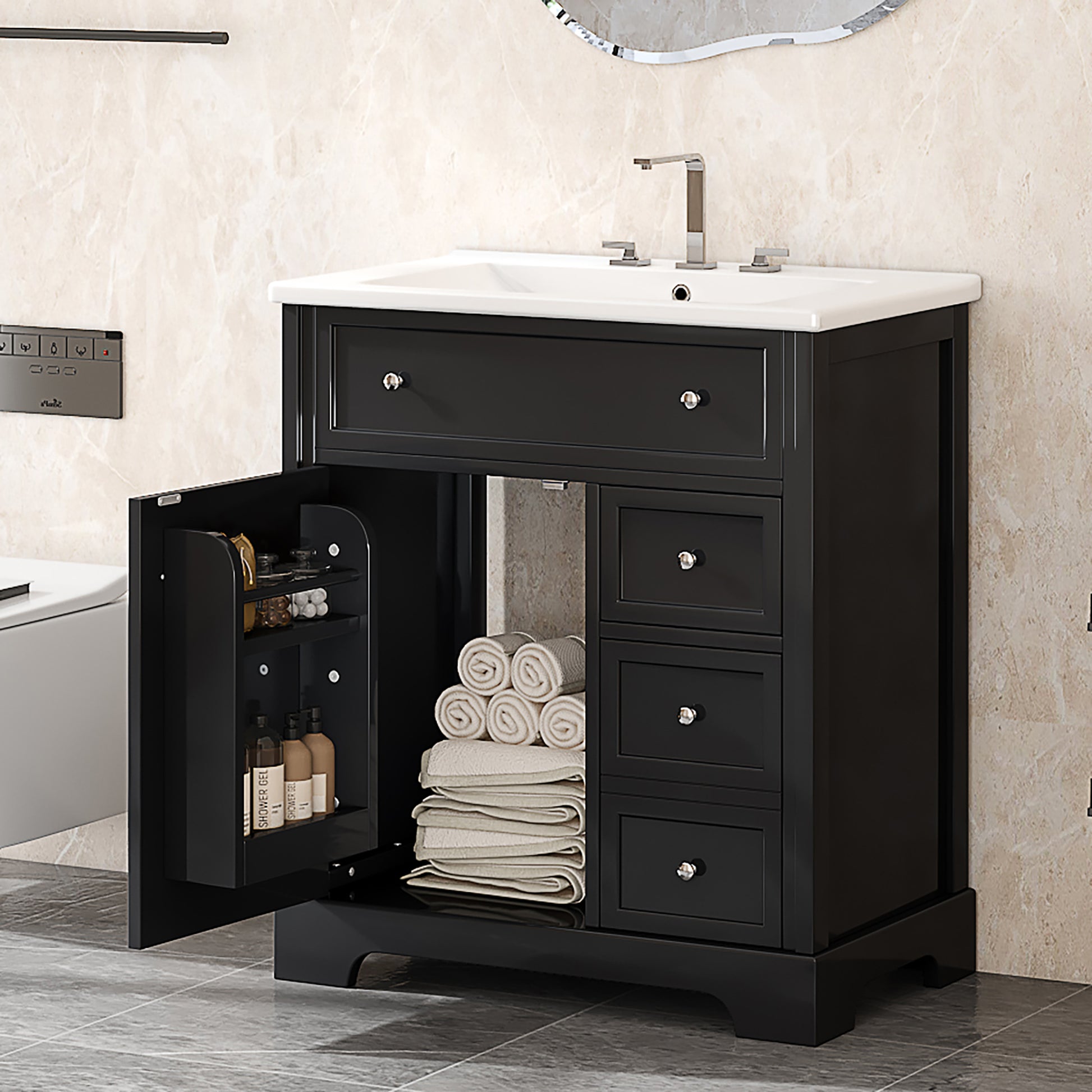 30" Bathroom Vanity With Sink Top, Bathroom Vanity Cabinet With Door And Two Drawers, Mdf Boards, Solid Wood, One Package, Black Black Solid Wood Mdf