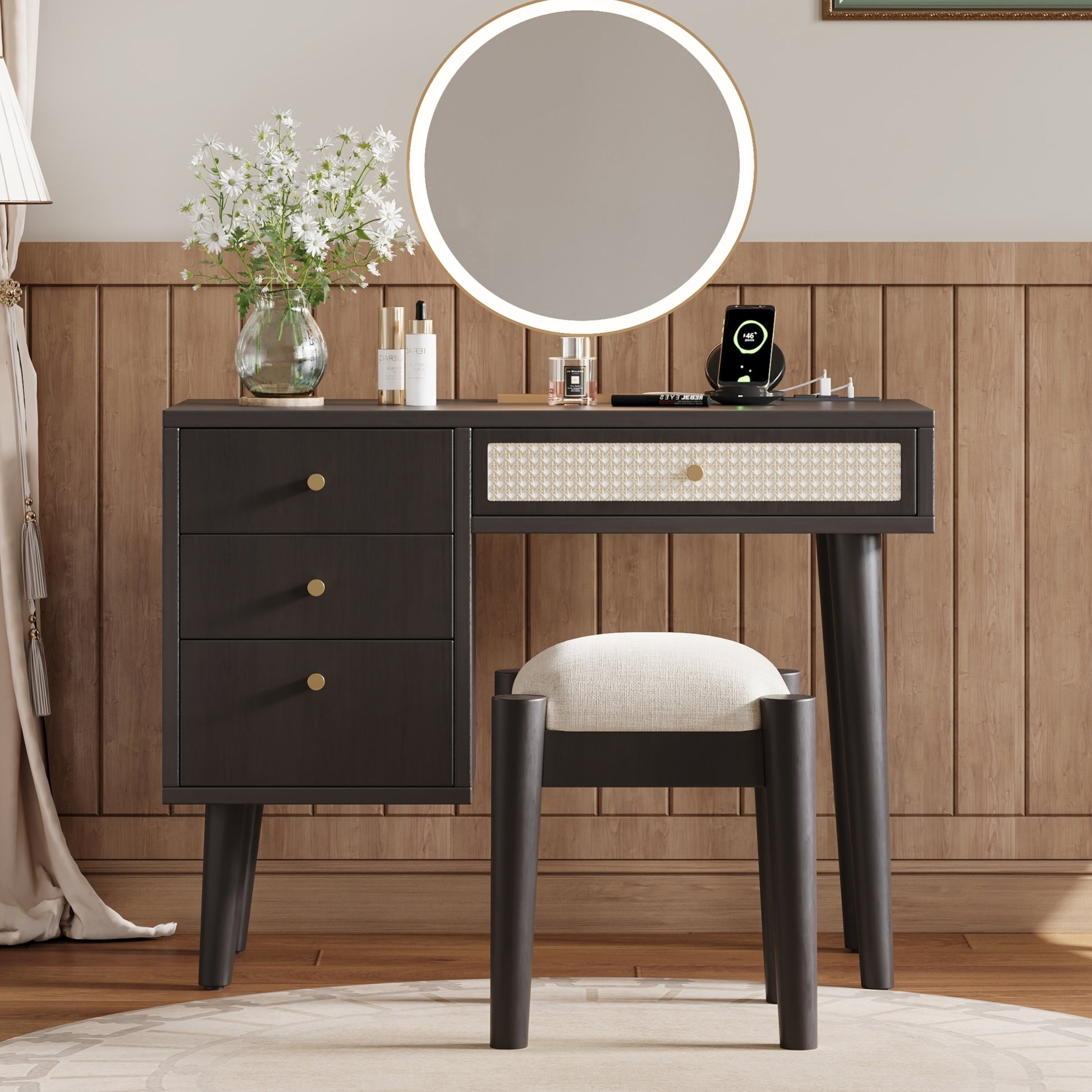 39" Retro Bohemian Style Wooden Makeup Vanity Set With Charging Plug&Usb Port And Stool, Dressing Table With 3 Storage Drawers And 1 Rectangular Rattan Drawer, Black Expected Arrival Time: 08.23 Black 4 Drawers Wood