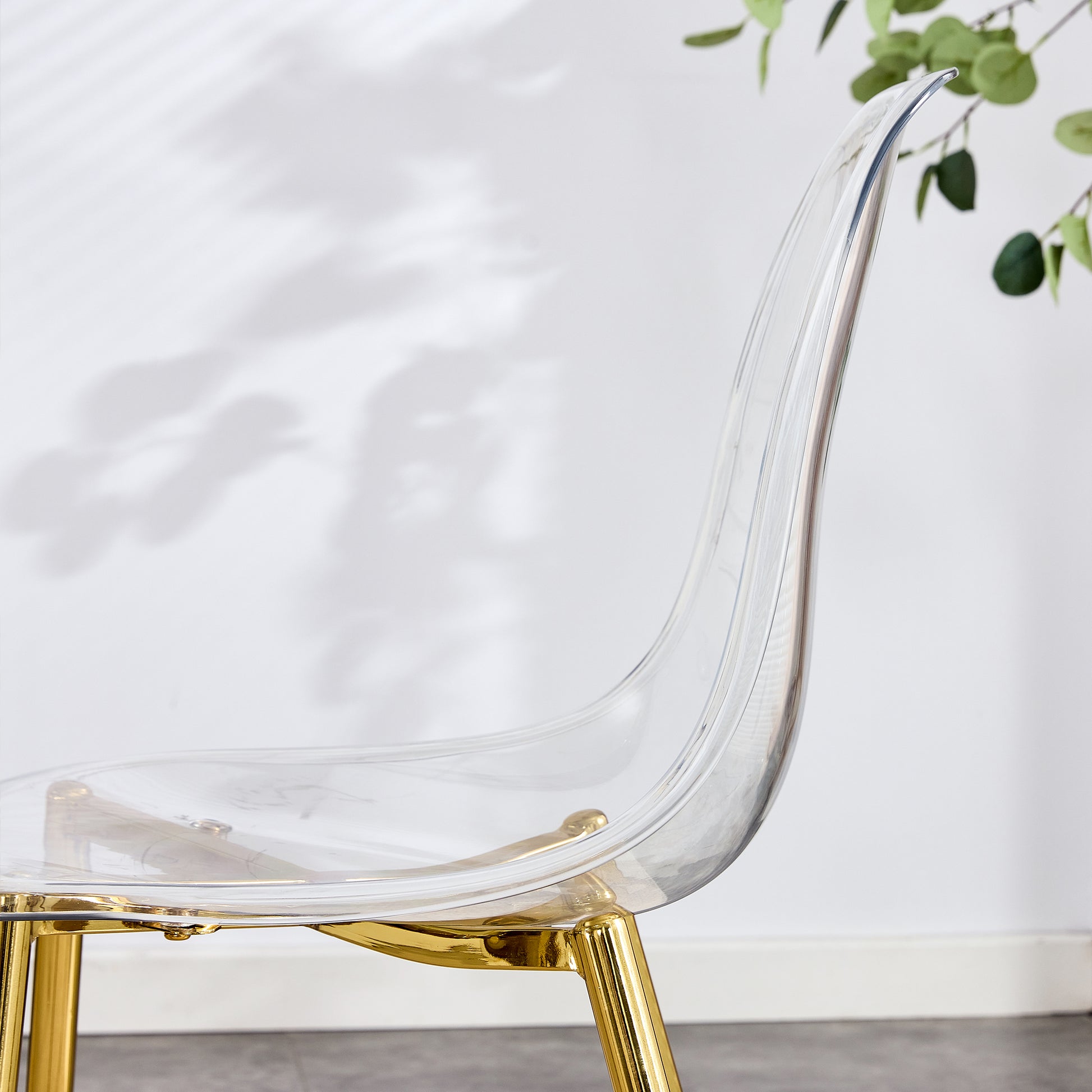 Table And Chair Set.Modern Rectangular Glass Dining Table With Tempered Glass Countertop And Golden Metal Legs, Paired With Multiple Transparent High Quality Pet Dining Chairs With Golden Legs. Gold Seats 6 Tempered Glass