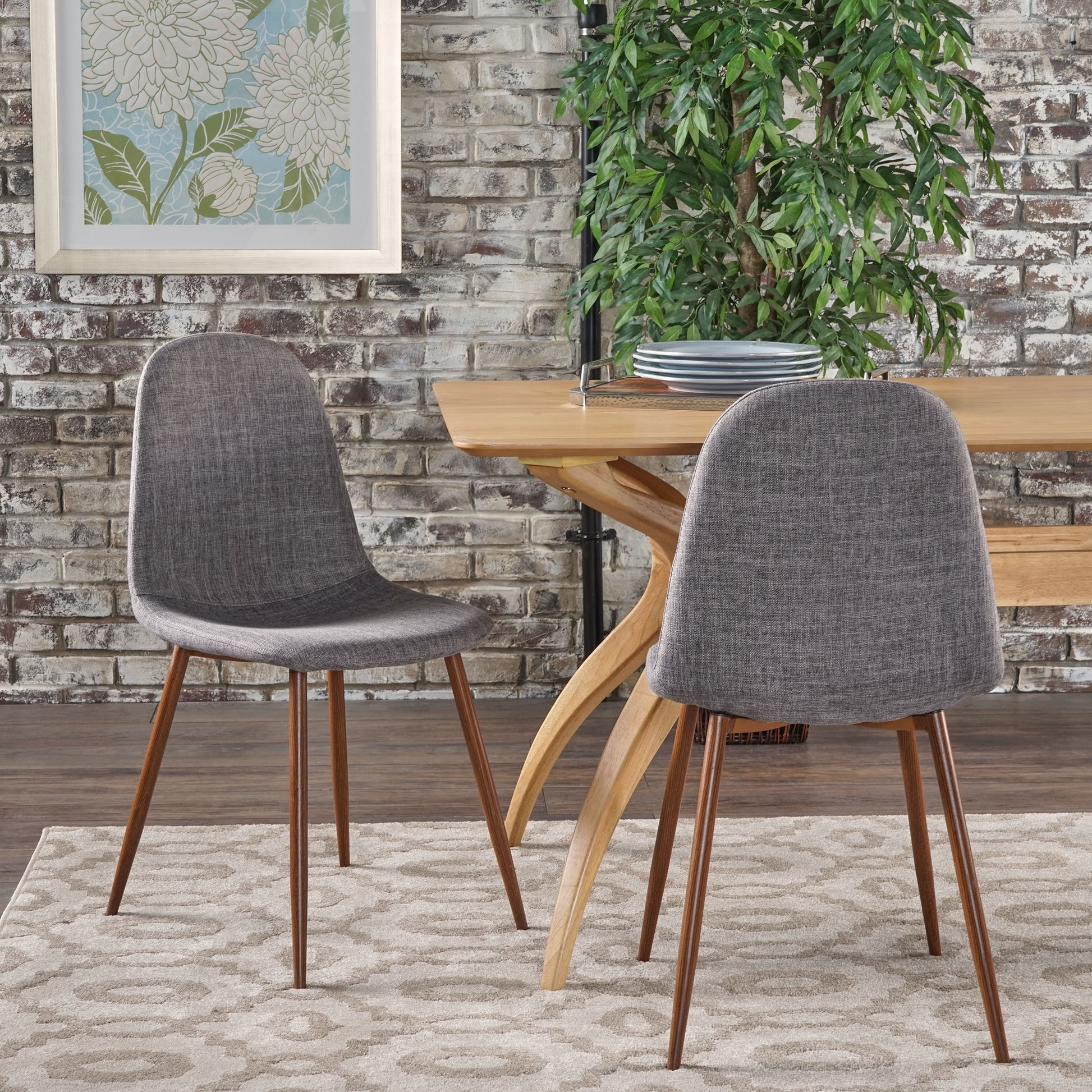 Mid Century Modern Fabric Upholstered Dining Chairs, Set Of 2, Light Gray And Dark Walnut Finish Iron Light Gray,Walnut Dining Room Wipe Clean Mid Century Modern Solid Back Set Of 2 Polyester