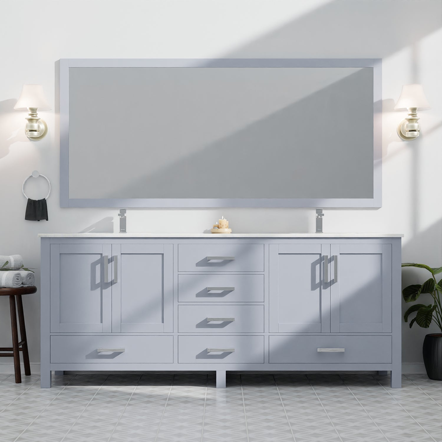 Dark Grey Double Bath Vanity 84 In. W X 22 In. D, With Carrara Marble Top Dark Grey Plywood Wood