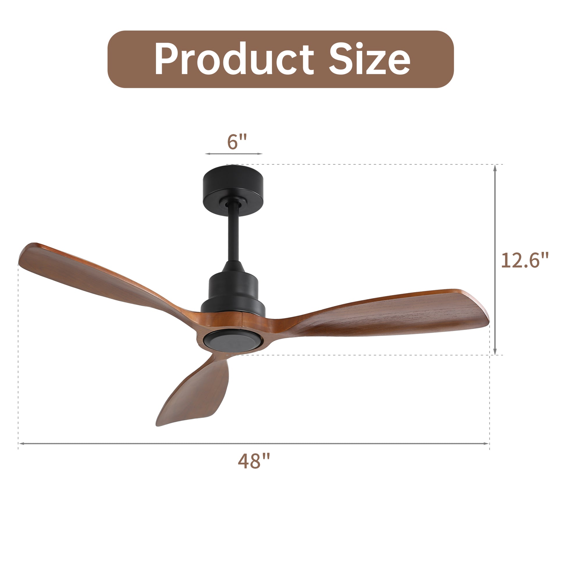 48 Inch Without Light, 3 Solid Wood Blades Outdoor 6 Speed Reversible Dc Motor For Living Room Black Metal & Wood