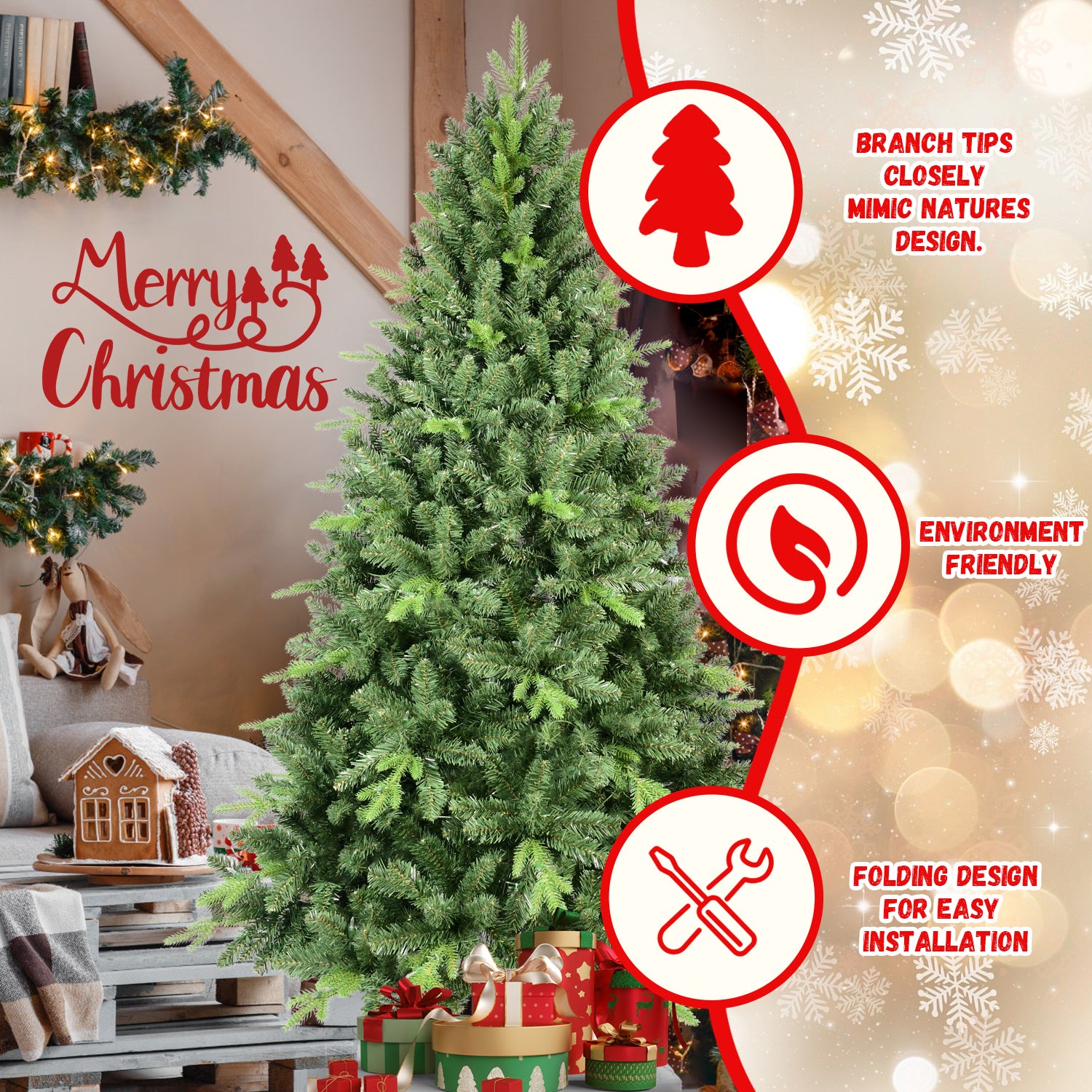 8Ft Artificial Christmas Tree With 2535 Pe&Pvc Mixed Branch Tips, Unlit Hinged Premium Spruce Fake Xmas Trees, Hinged Branch & Foldable Base, Green Green Polyvinyl Chloride