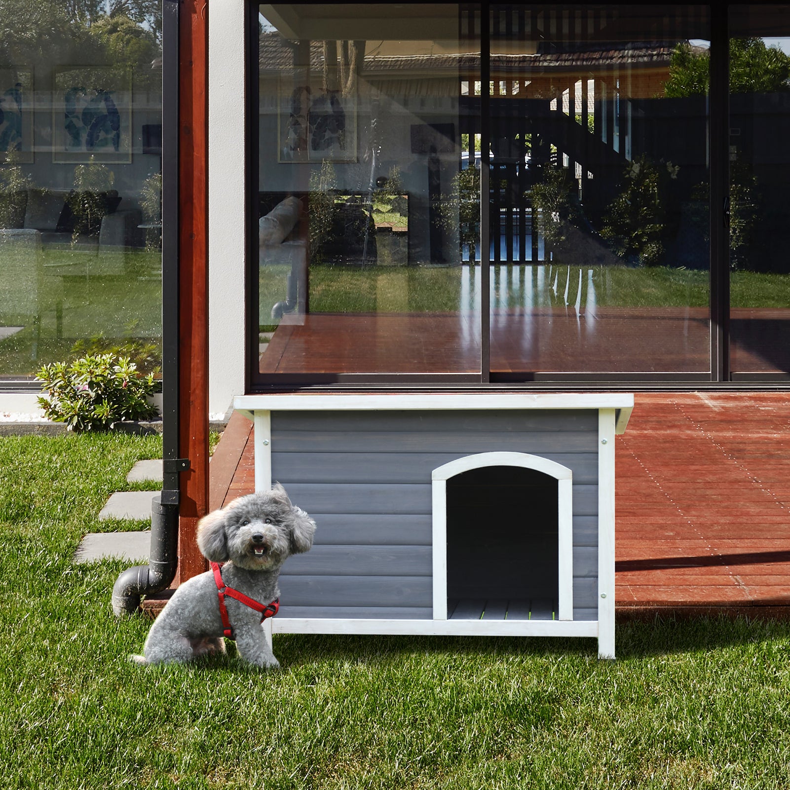 Small Wooden Outdoor Dog House, Waterproof Roof, Elevated Floor, Grey Grey Solid Wood