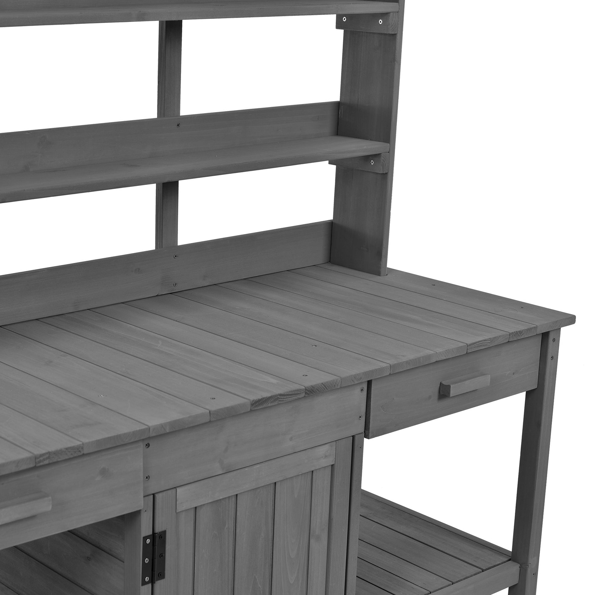66'' Large Outdoor Farmhouse Wooden Potting Bench Table, Garden Workstation With 2 Drawers,Cabinet And Open Shelves For Backyard, Mudroom, Gray Gray Garden & Outdoor Casual Wood Solid Wood