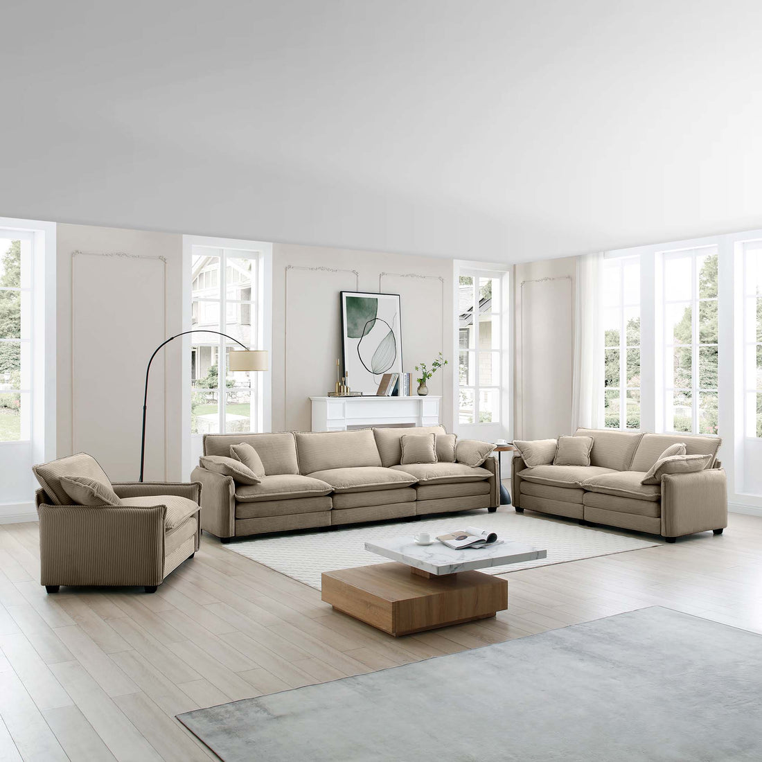 3 Piece Comfortable Oversized Sectional Sofa, One Single Sofa And One 2 Seater Sofa And One 3 Seater Sofa ,Tan Corduroy Deep Seat Sofa Tan Corduroy 6 Seat