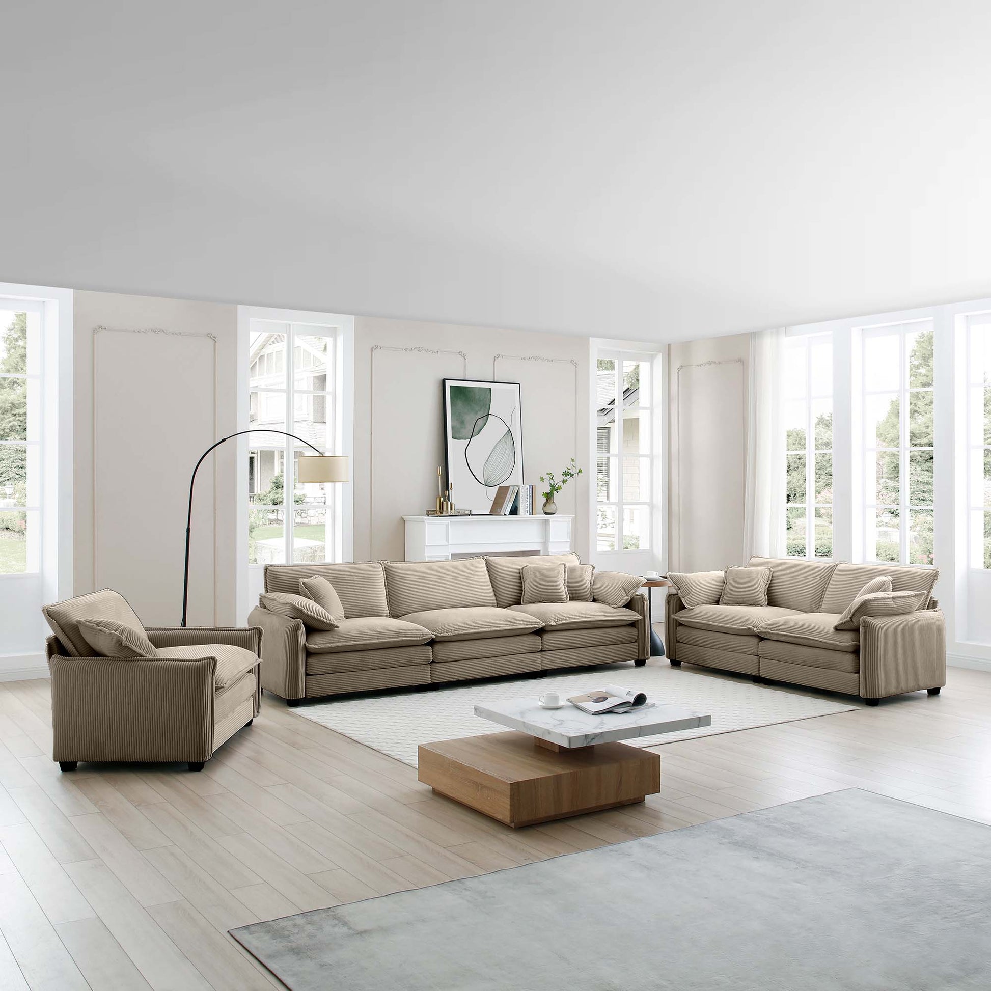 3 Piece Comfortable Oversized Sectional Sofa, One Single Sofa And One 2 Seater Sofa And One 3 Seater Sofa ,Tan Corduroy Deep Seat Sofa Tan Corduroy 6 Seat