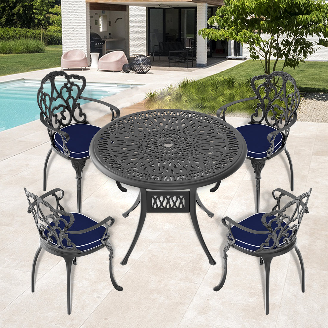 Cushions In Random Colors 5 Piece Set Of Cast Aluminum Patio Furniture With Cushions Yes Dining Set Black Seats 4 Rust Resistant Frame Water Resistant Cushion Garden & Outdoor Complete Patio Sets Aluminium