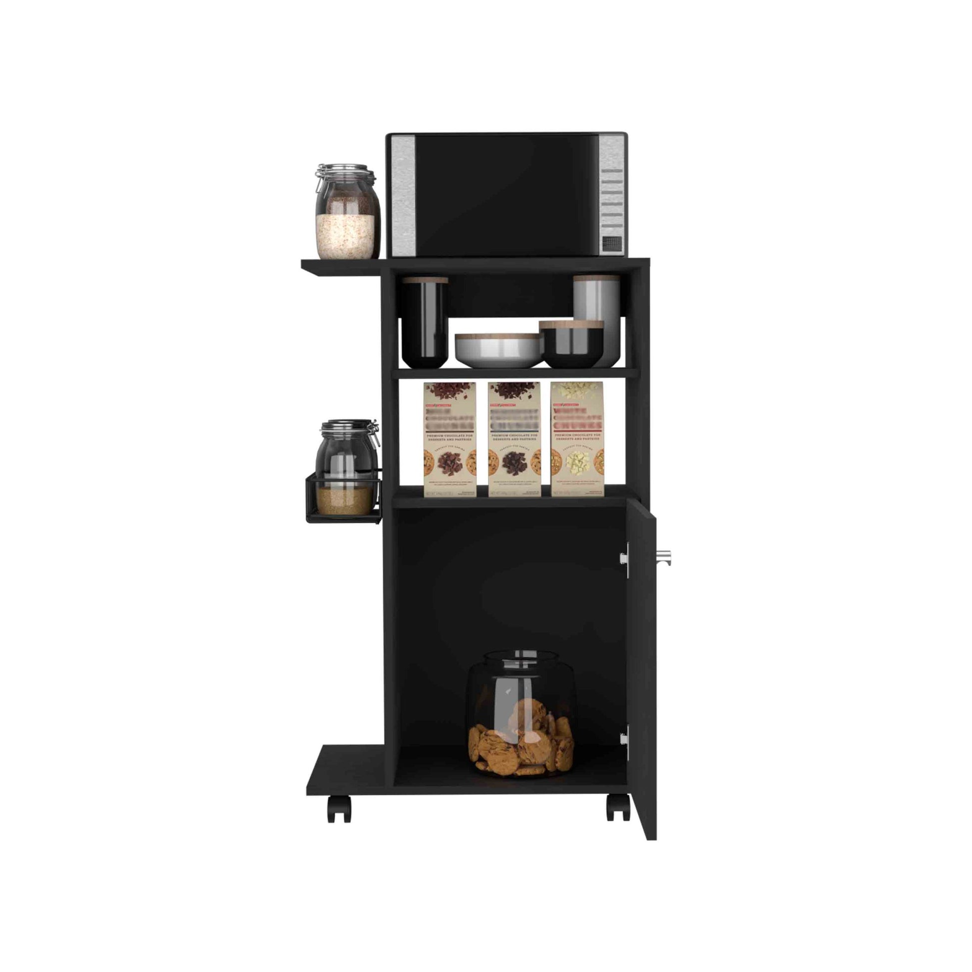 Clip Kitchen Cart, Single Door Cabinet, Four Casters Black Black Kitchen Modern Rectangular Stationary Kitchen Islands Particle Board Particle Board Medium 40 55In