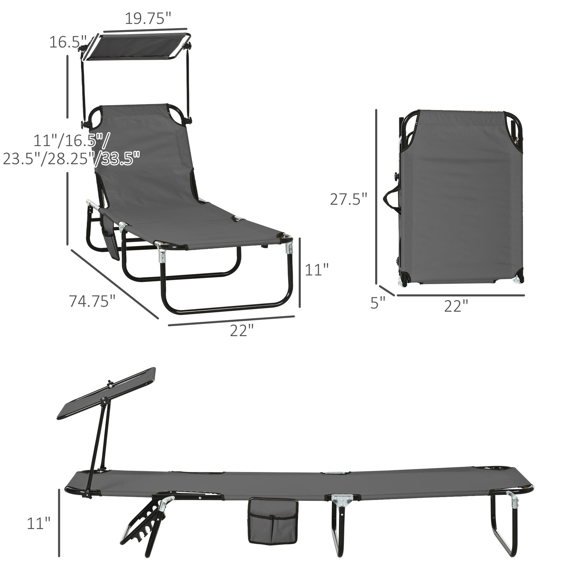 Outsunny Folding Chaise Lounge Pool Chairs, Outdoor Sun Tanning Chairs With Canopy Shade, Reclining Back, Steel Frame And Side Pocket For Beach, Yard, Patio, Dark Gray Dark Grey Steel