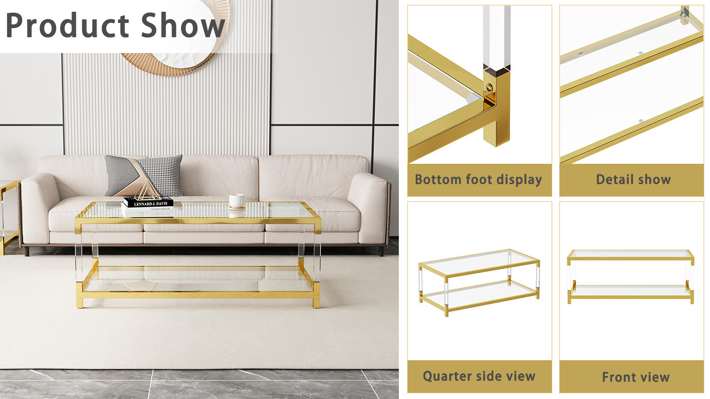 Modern Minimalist Living Room Furniture Set, Stylish Transparent Acrylic Leg Coffee Table, Square Edge Table, Tempered Glass Face Tea Table Combination Gold End Table Golden,Transparent Glass Acrylic