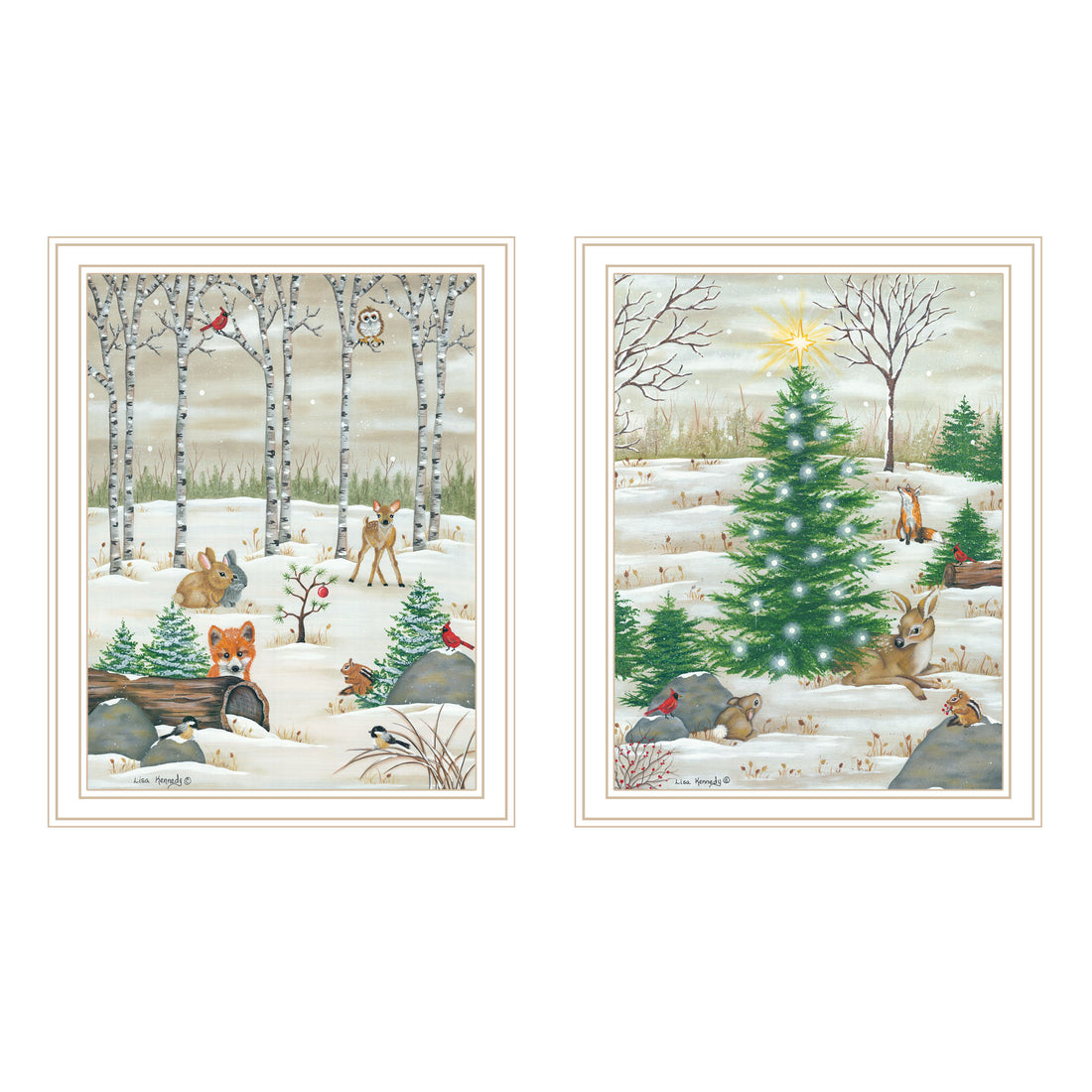 2 Piece Vignette Woodland "Critters For Christmas" White Framed Wall Art For Living Room, Bedroom Wall Art Print For Home Decor By Lisa Kennedy Multi Wood Paper