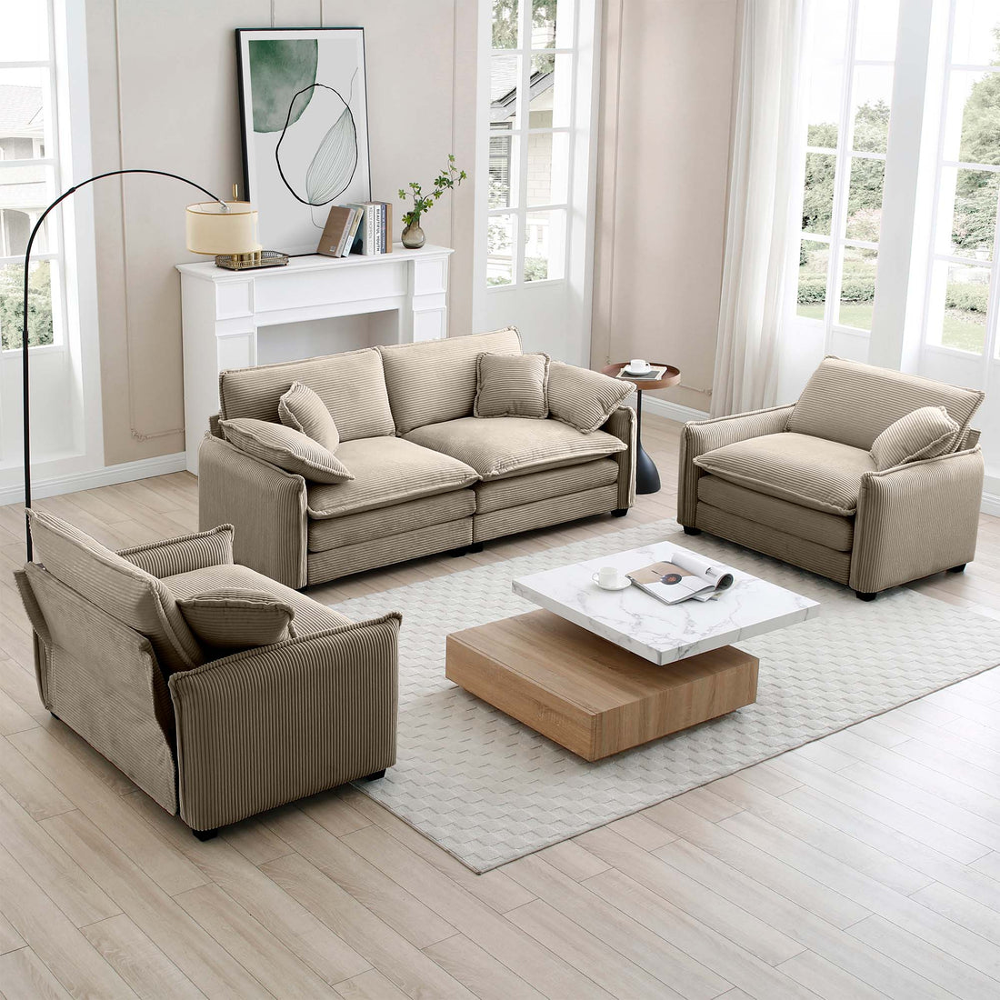Luxurious And Sophisticated Sofa Set With Soft Cushions And Pillows, Sofa Set For Living Rooms And Clubs As Well As Home Theaters, Consisting Of Two Single Sofas And A 2 Seaters Sofas In Tan Corduroy Tan Corduroy 4 Seat