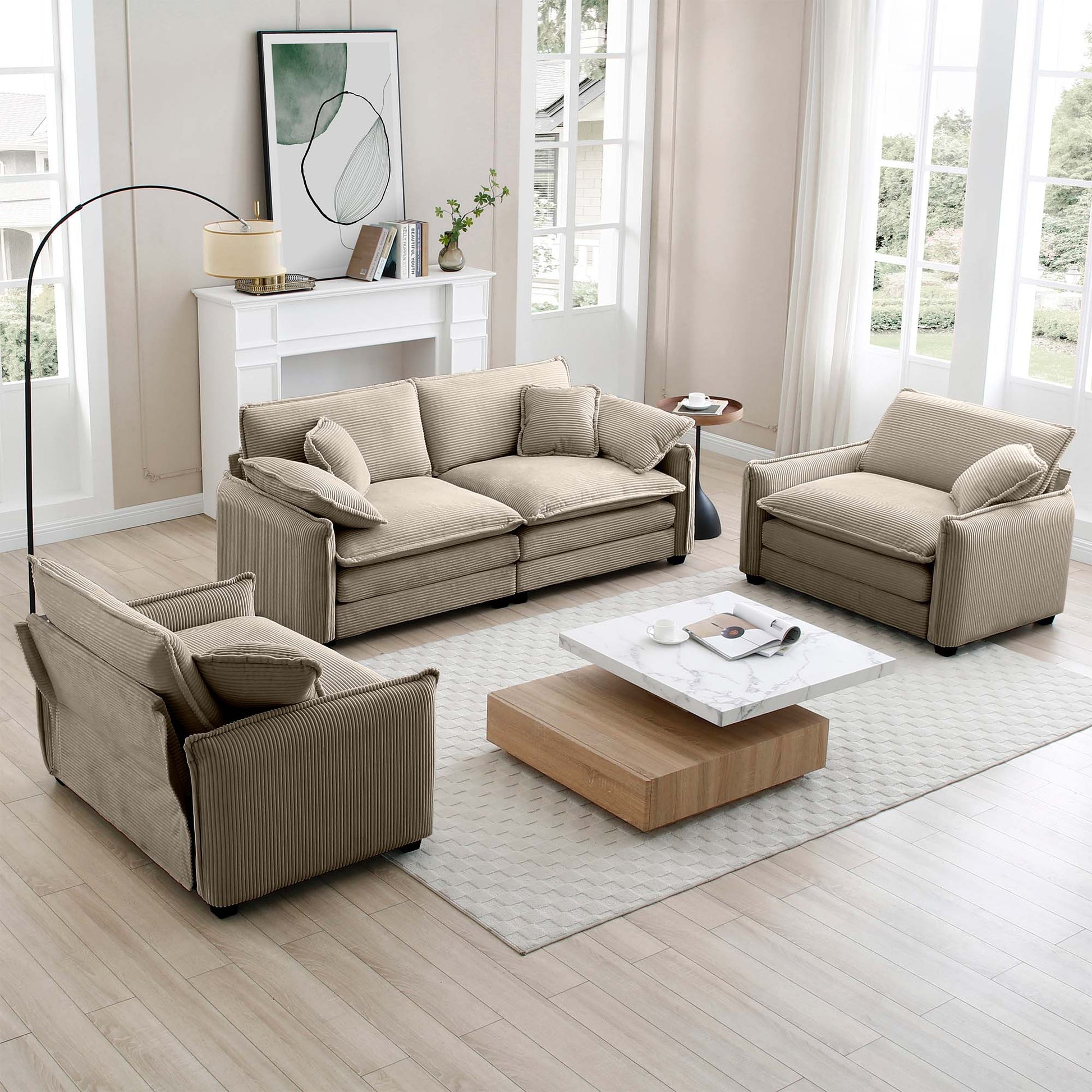 Luxurious And Sophisticated Sofa Set With Soft Cushions And Pillows, Sofa Set For Living Rooms And Clubs As Well As Home Theaters, Consisting Of Two Single Sofas And A 2 Seaters Sofas In Tan Corduroy Tan Corduroy 4 Seat