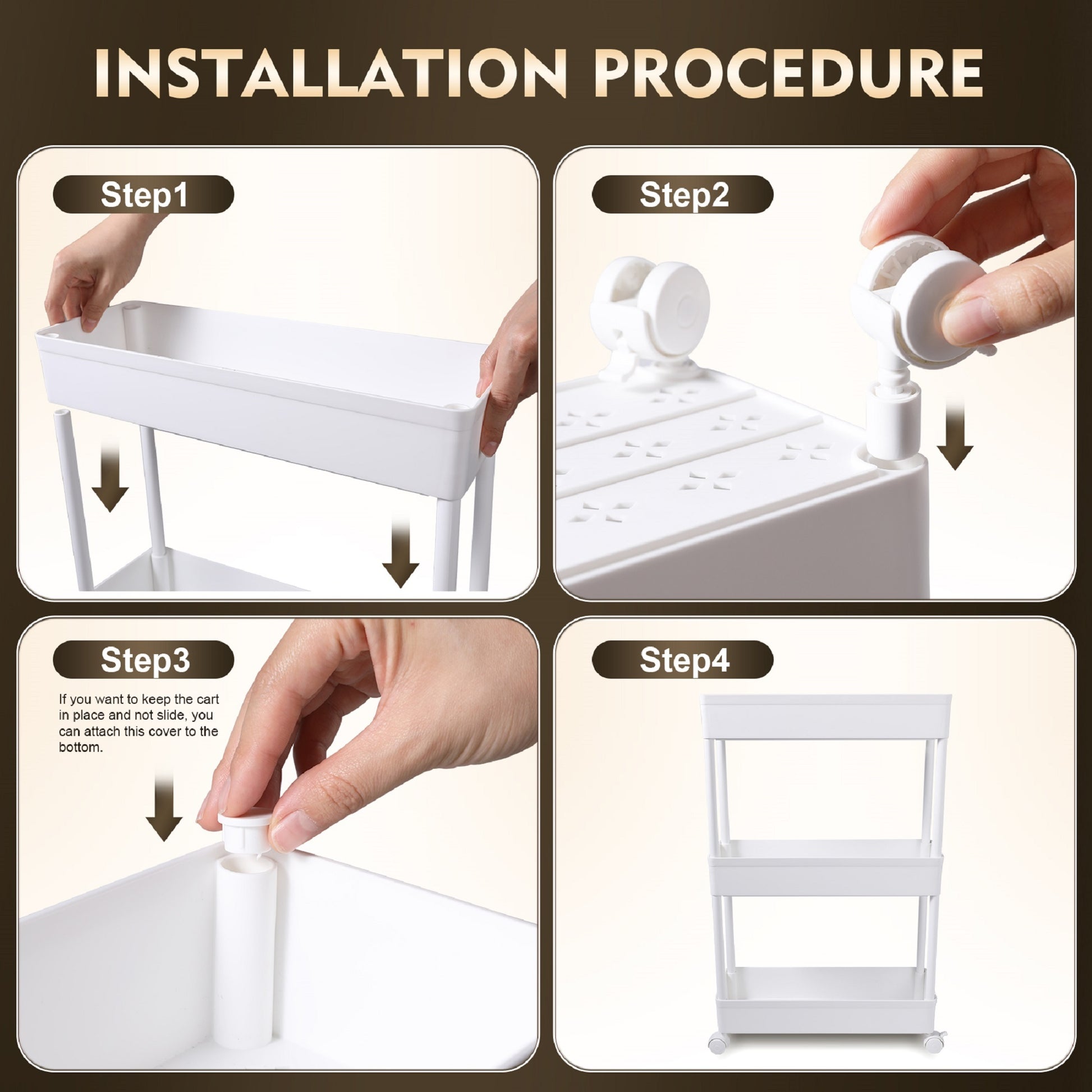 Storage Shelf On Wheels 3 Tier Classic Storage Rolling Cart 360 Swivel Wheels Lockable Bathroom Kitchen Office White Plastic