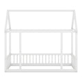 Twin Size Floor Wooden Bed With House Roof Frame And Safety Guardrails ,White Twin White Pine