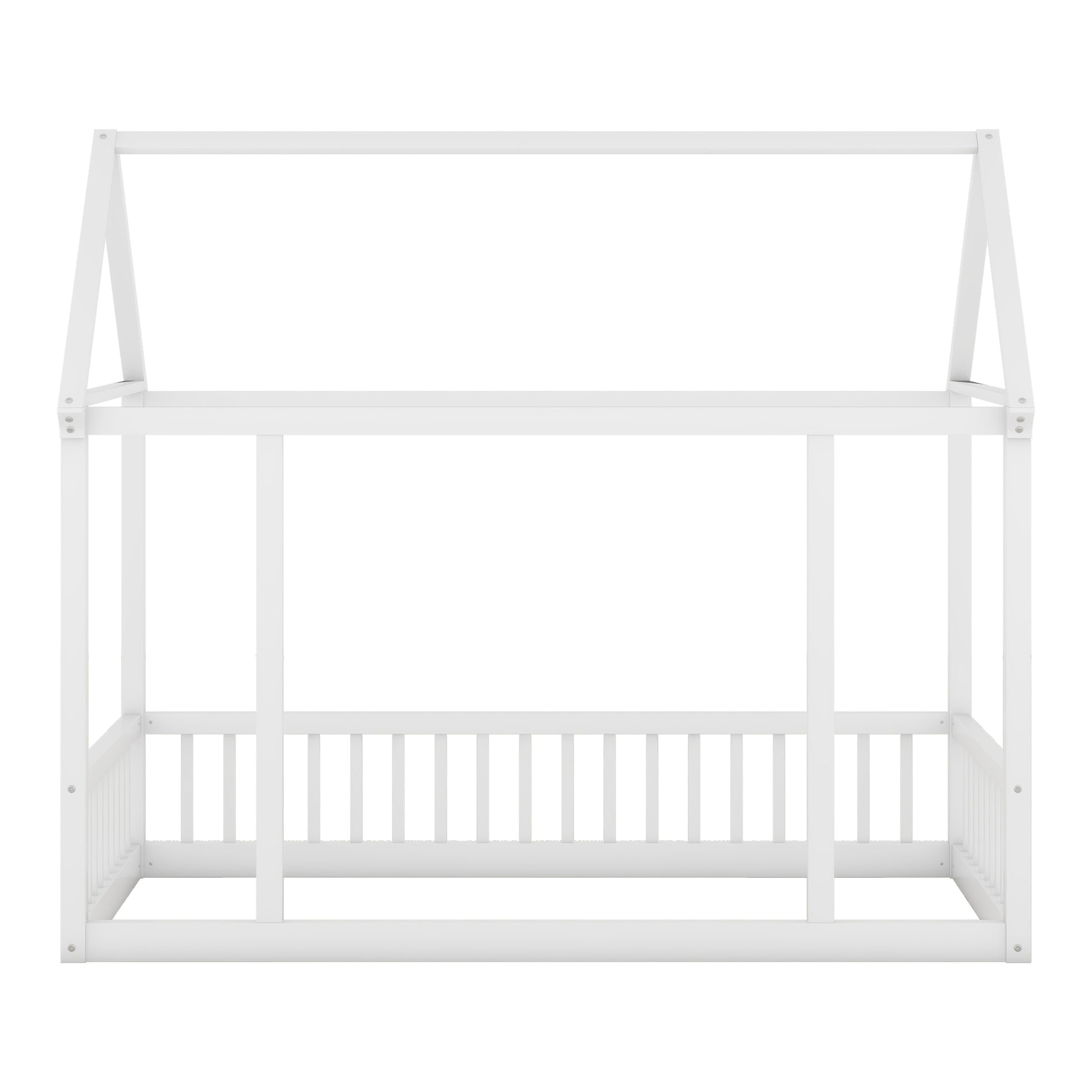 Twin Size Floor Wooden Bed With House Roof Frame And Safety Guardrails ,White Twin White Pine