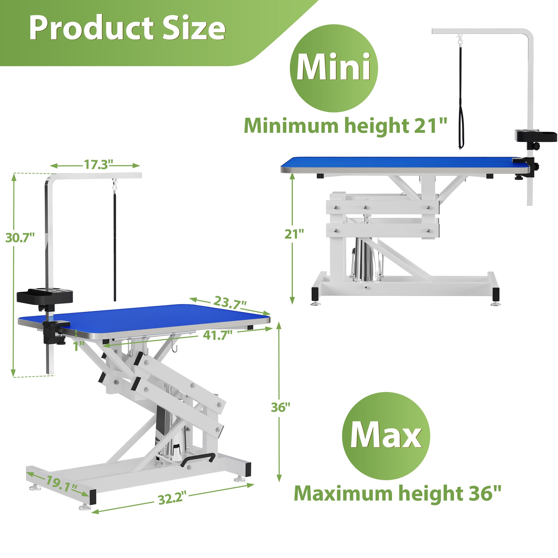"Heavy Duty Hydraulic Dog Grooming Table With Anti Static Top, Adjustable Z Lift 21" 36" , Armrests, Leash Covers, Tool Organizers, Hooks, & 330Lb Capacity Blue" Blue Steel