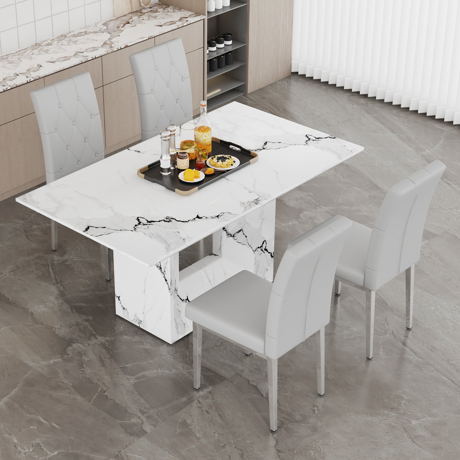 Table And Chair Set.63"X35.4" White Marble Patterned Mdf Dining Table Set With 4 Armless Light Gray Pu Chairs.Showcasing A Modern And Stylish Look. Light Gray,White Seats 4 Mdf Metal