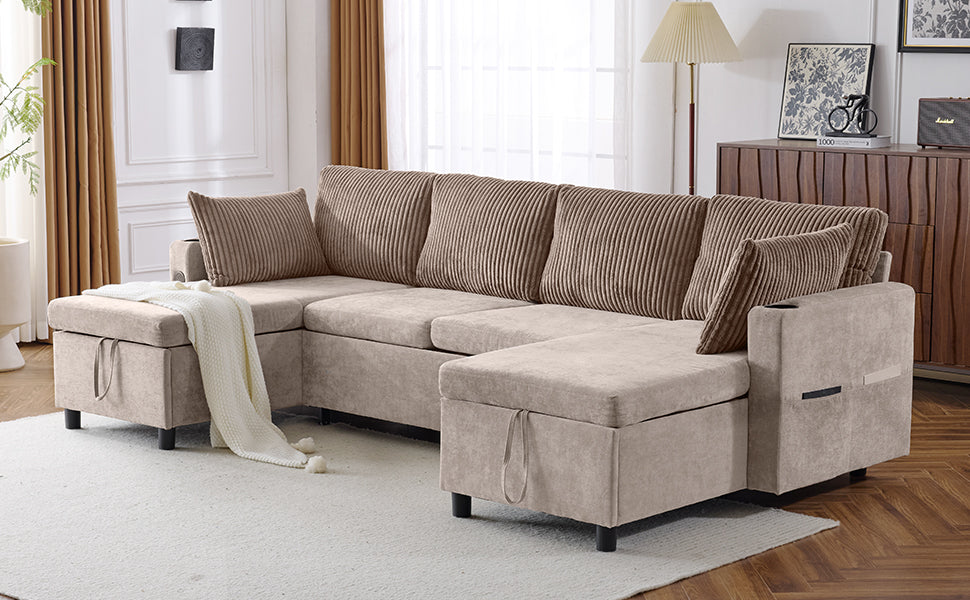 111.8" Sectional Sofa Pull Out Sofa Bed Versatile Sofa Sleeper With Large Storage Space, Two Usb Ports And Two Cup Holders For Living Room, Brown Brown Foam Chenille 4 Seat