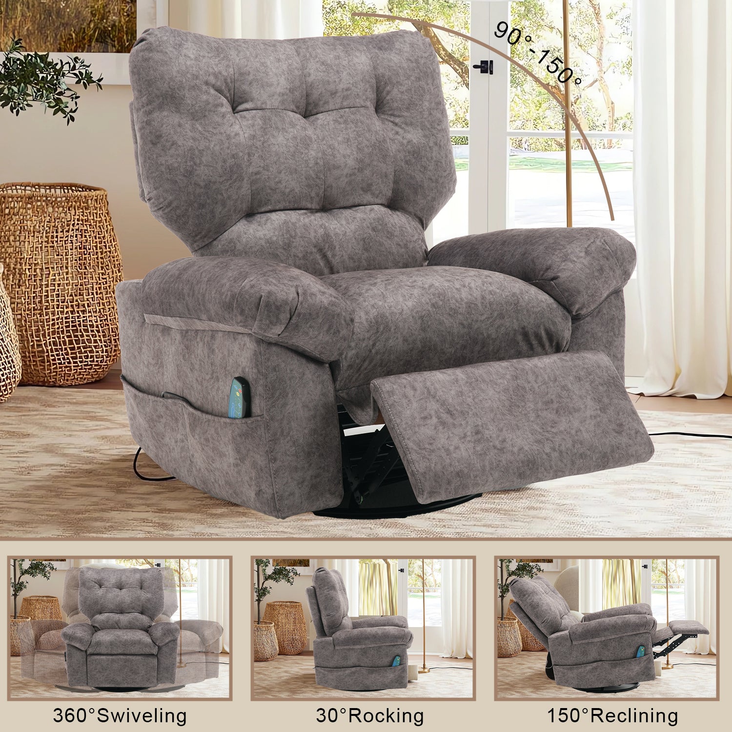 Overstuffed Rocker Recliner Chair With Massage And Heat, 360 Swivel Fabric Wide Seat Single Sofa Lounge Chairs With Side Pocket, Manual Home Theater Recliners For Living Room Grey Metal Soft Heavy Duty Textile