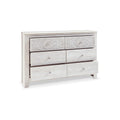 61 Inch Modern Wide Dresser, Whitewashed Wood, 6 Drawers, Medallion Details White Wood