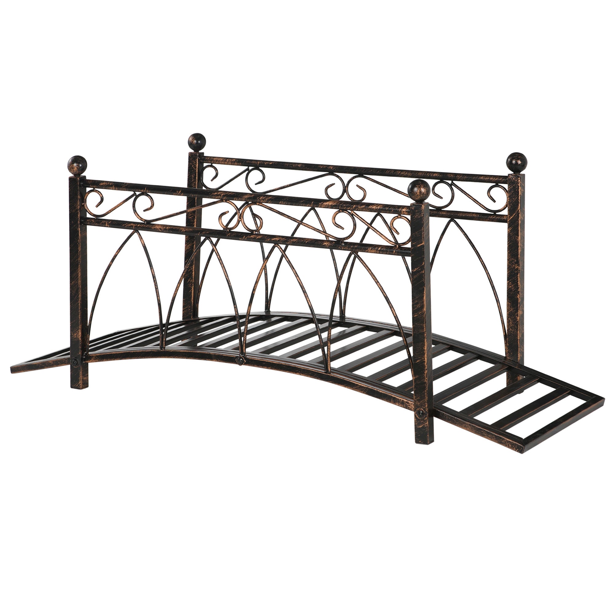 Outsunny 3.3' Metal Arch Zen Garden Bridge With Safety Siderails, Decorative Footbridge, Delicate Scrollwork & Corner Spheres For Stream, Fish Pond, Bronze Bronze Steel