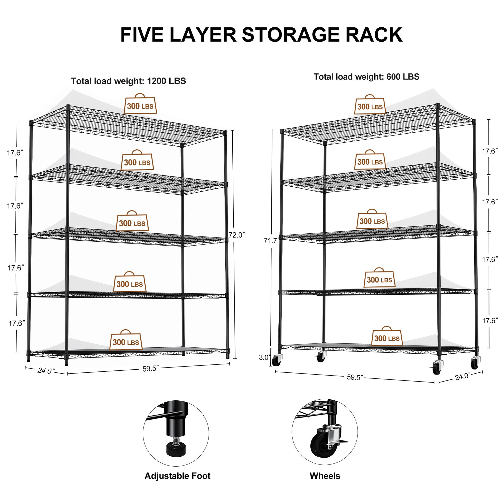 5 Tier Heavy Duty Adjustable Shelving And Racking, 300 Lbs. Per Wire Shelf, With Wheels And Shelf Liners, For Warehouses, Supermarkets, Kitchens, Etc. 59.45 "L 24.02 "W 71.65 "H,Black Black Steel